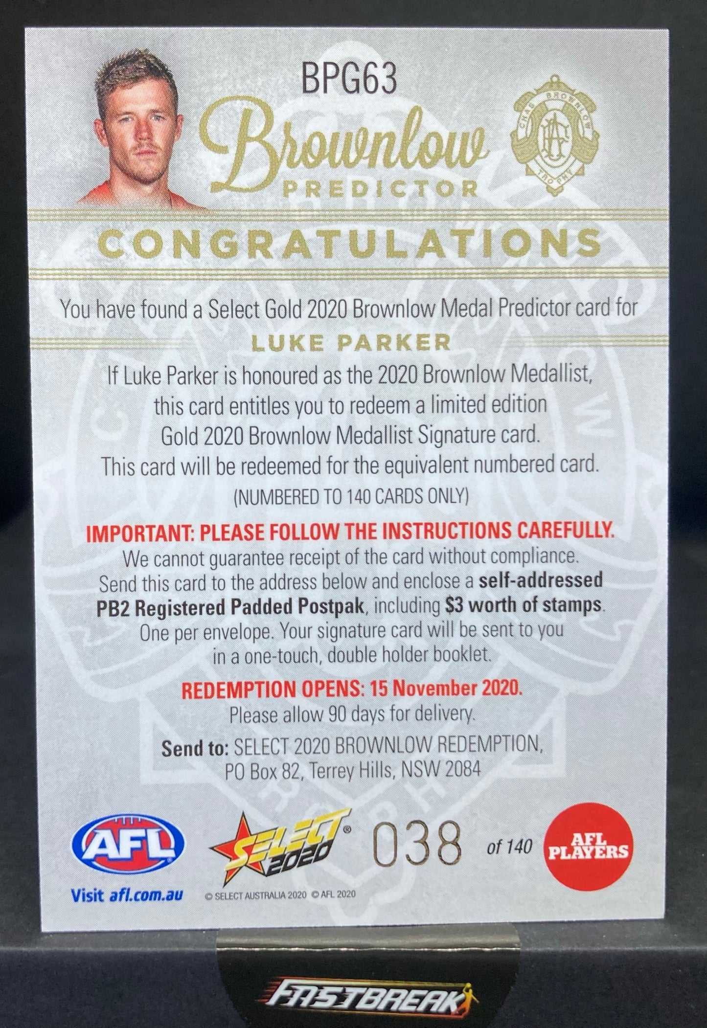 Luke Parker - Sydney - 2020 - Footy Stars - Brownlow Predictor - 38/140