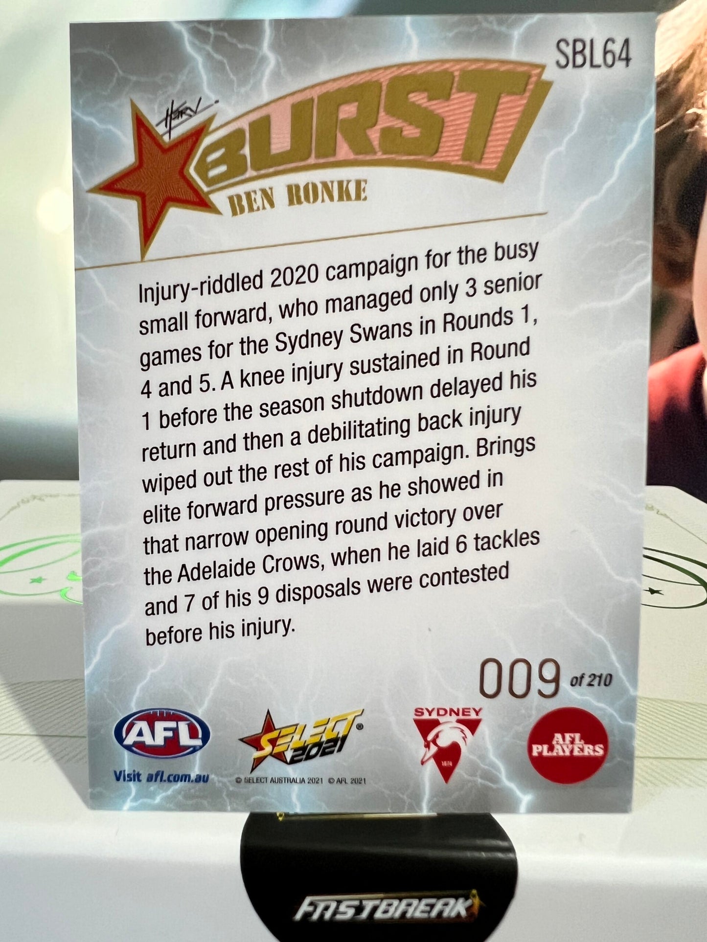 Ben Ronke - Sydney - 2021 - Footy Stars - Lightning Burst - 009/210