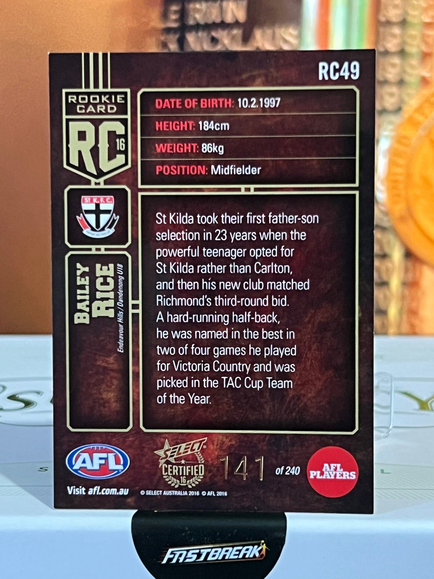 Bailey Rice - St Kilda - 2016 - Certified - Rookie Card - 141/240