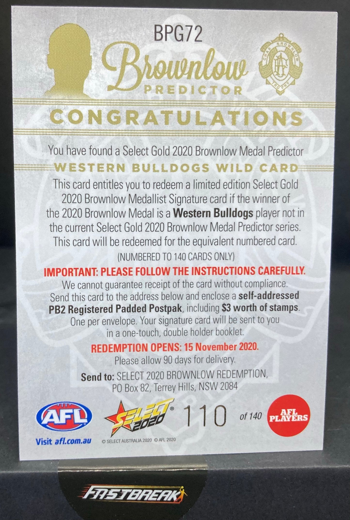 Wild Card - Western Bulldogs - 2020 - Footy Stars - Brownlow Predictor - 110/140