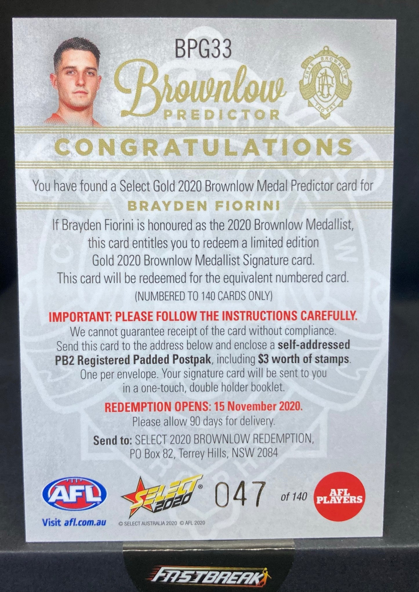 Brayden Fiorini - Gold Coast - 2020 - Footy Stars - Brownlow Predictor - 47/140