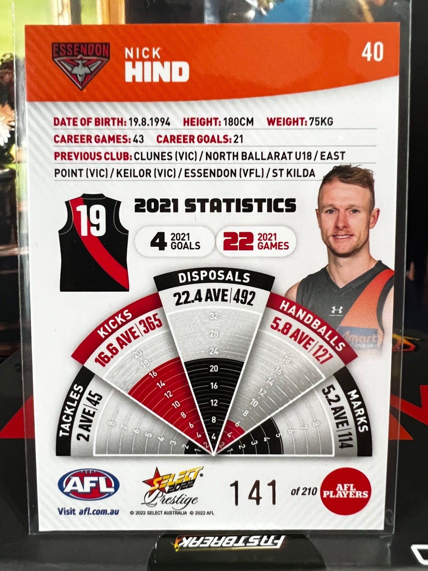 Nick Hind - Essendon - 2022 - Footy Stars Prestige - Orange Parallel - 141/210