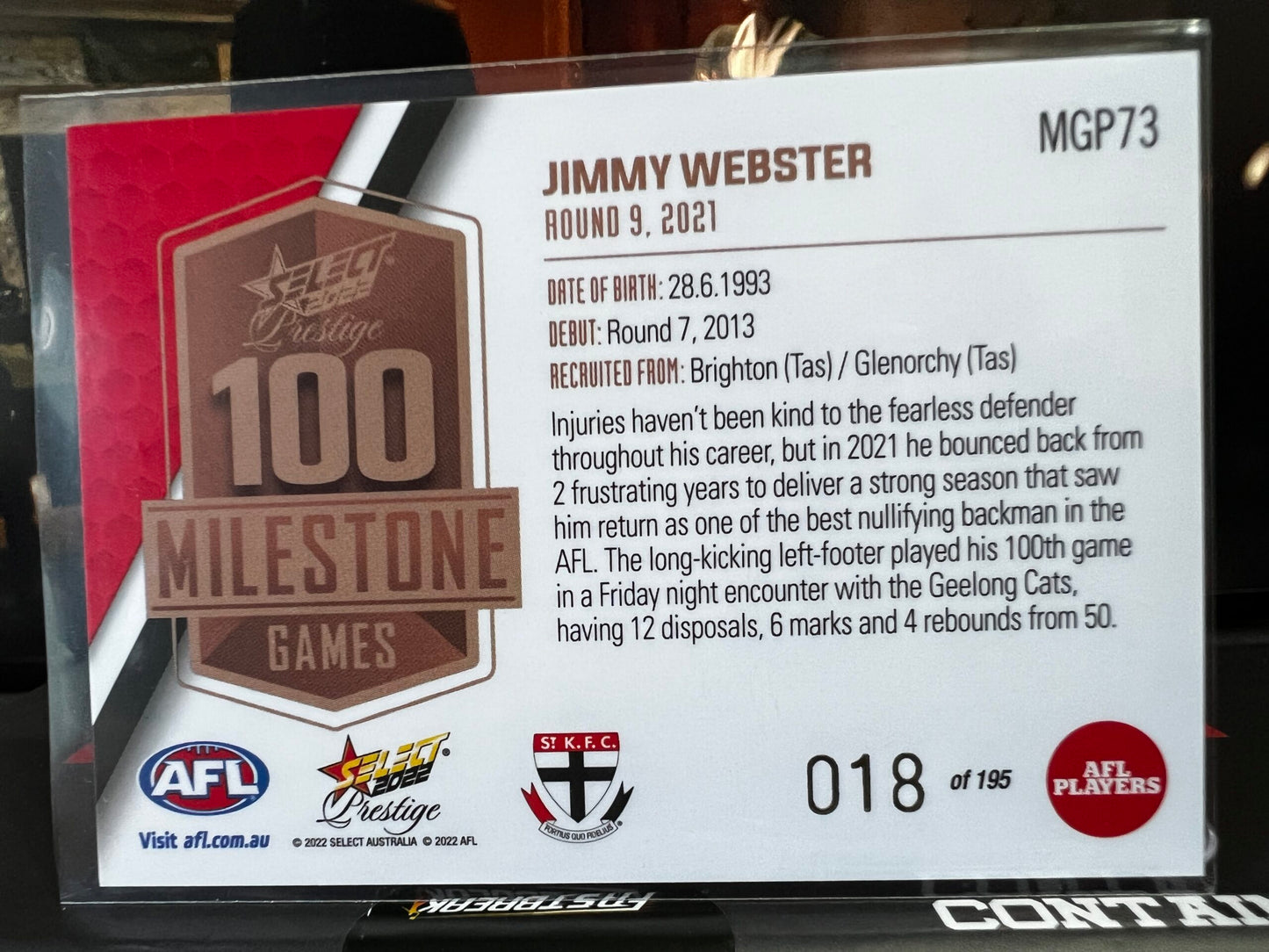 Jimmy Webster St Kilda 2022 Footy Stars Prestige Milestone Games 18/195