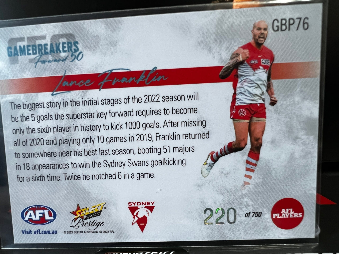 Lance Franklin - Sydney - 2022 - Footy Stars Prestige - Gamebreakers - 220/750