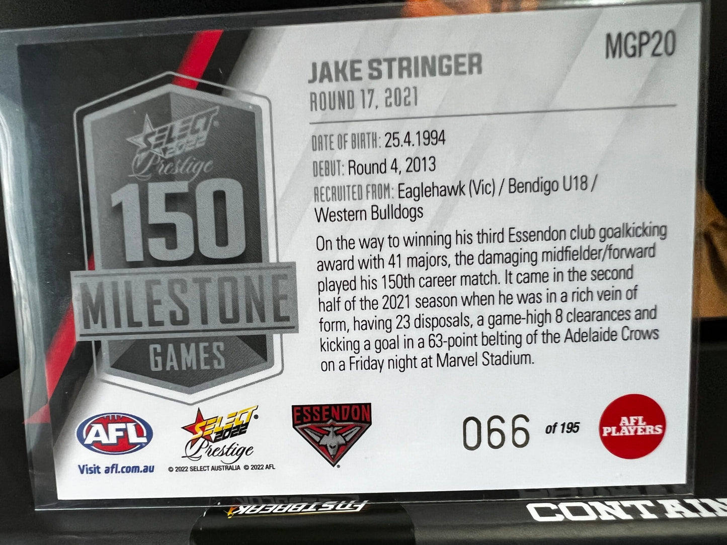 Jake Stringer Essendon 2022 Footy Stars Prestige Milestone Games 66/195