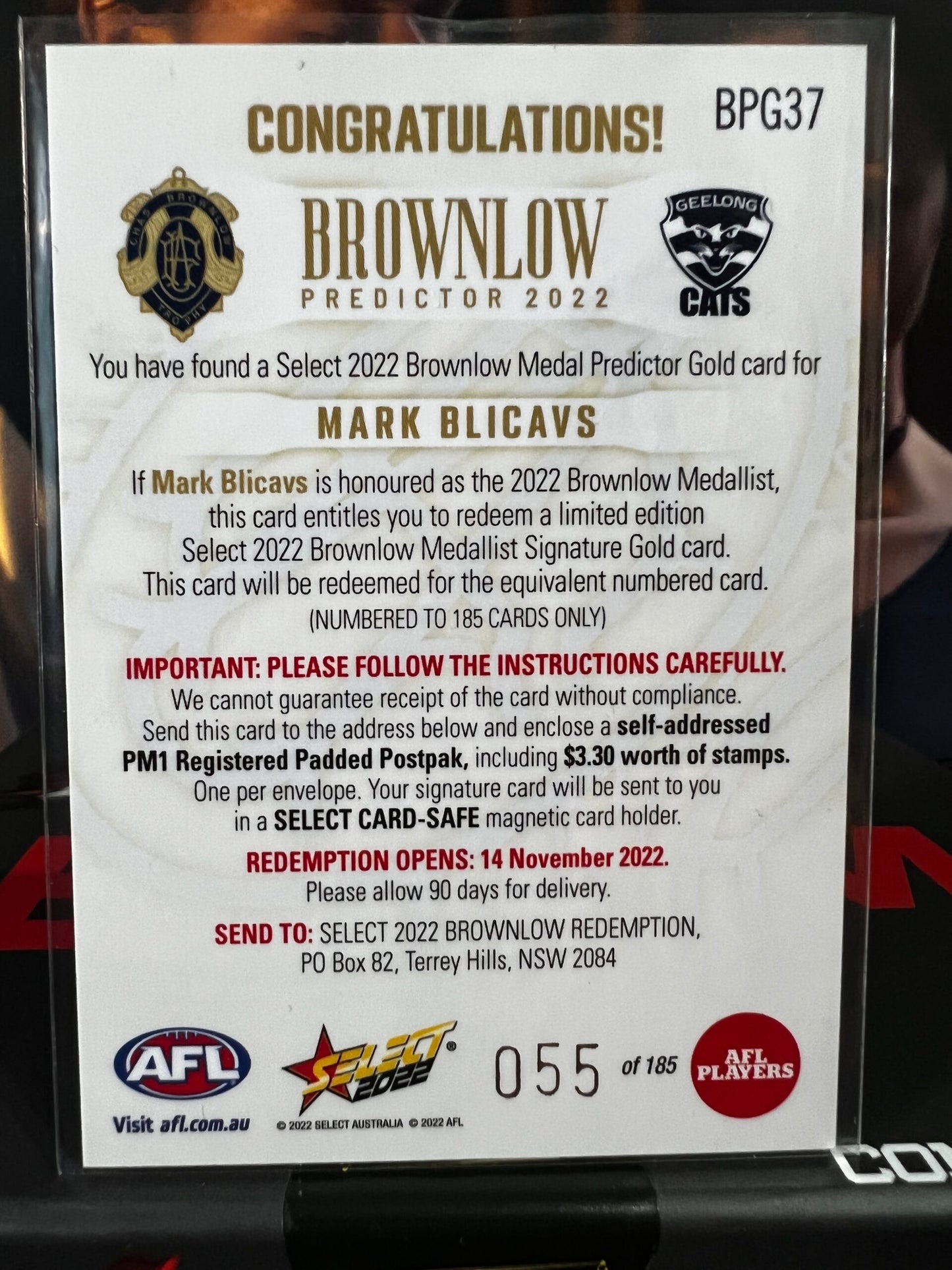 Mark Blicavs - Geelong - 2022 - Footy Stars - Gold Brownlow Predictor - 55/185