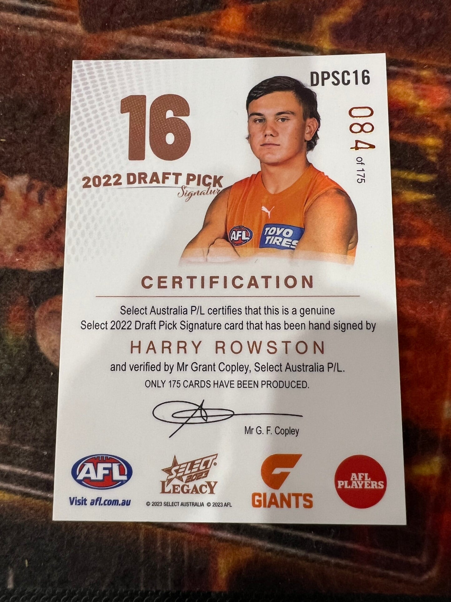 Harry Rowston - GWS - 2023 - Legacy - Draft Pick Signature Copper - 84/175