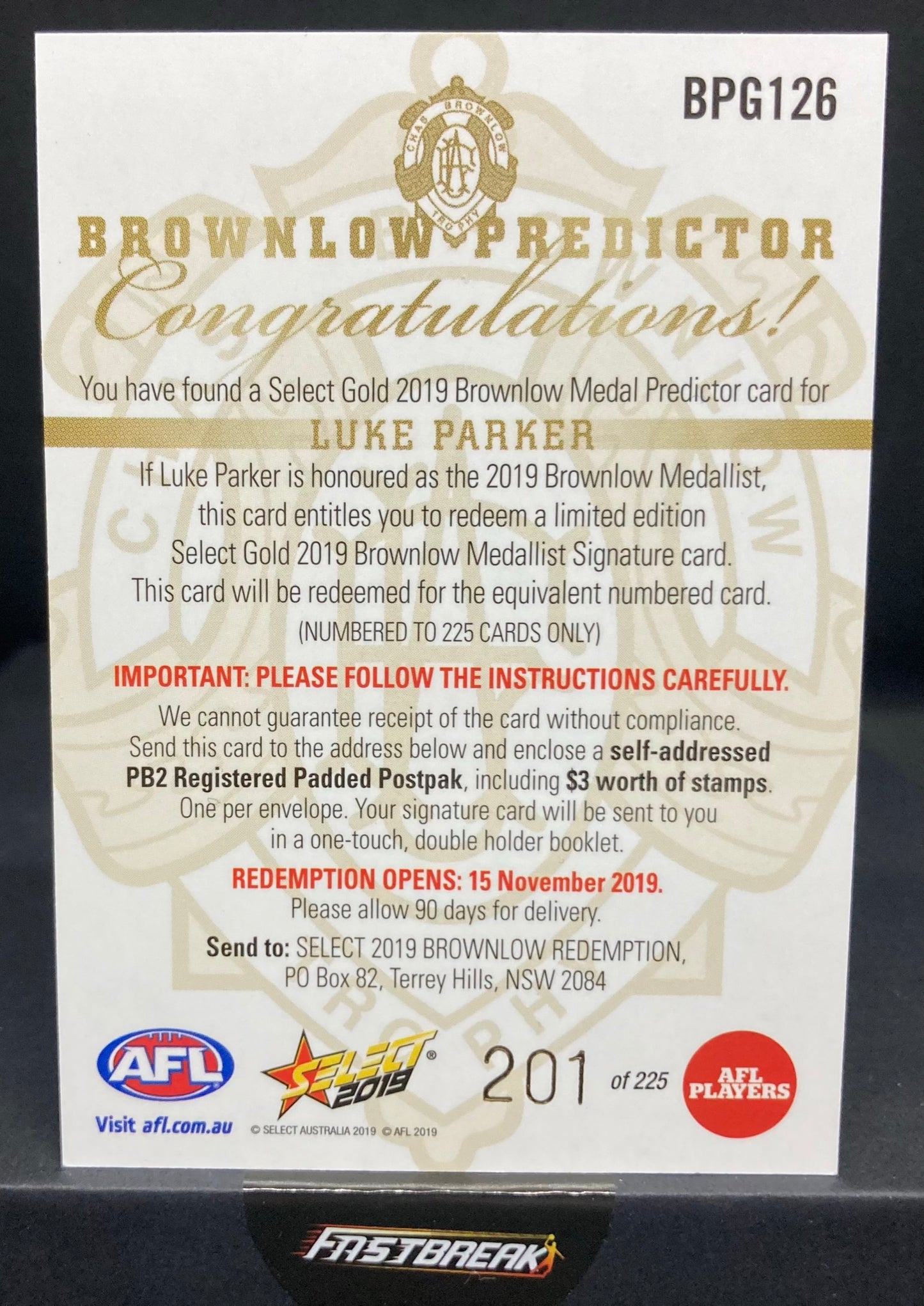 Luke Parker - Sydney - 2019 - Footy Stars - Gold Brownlow Predictor - 201/225