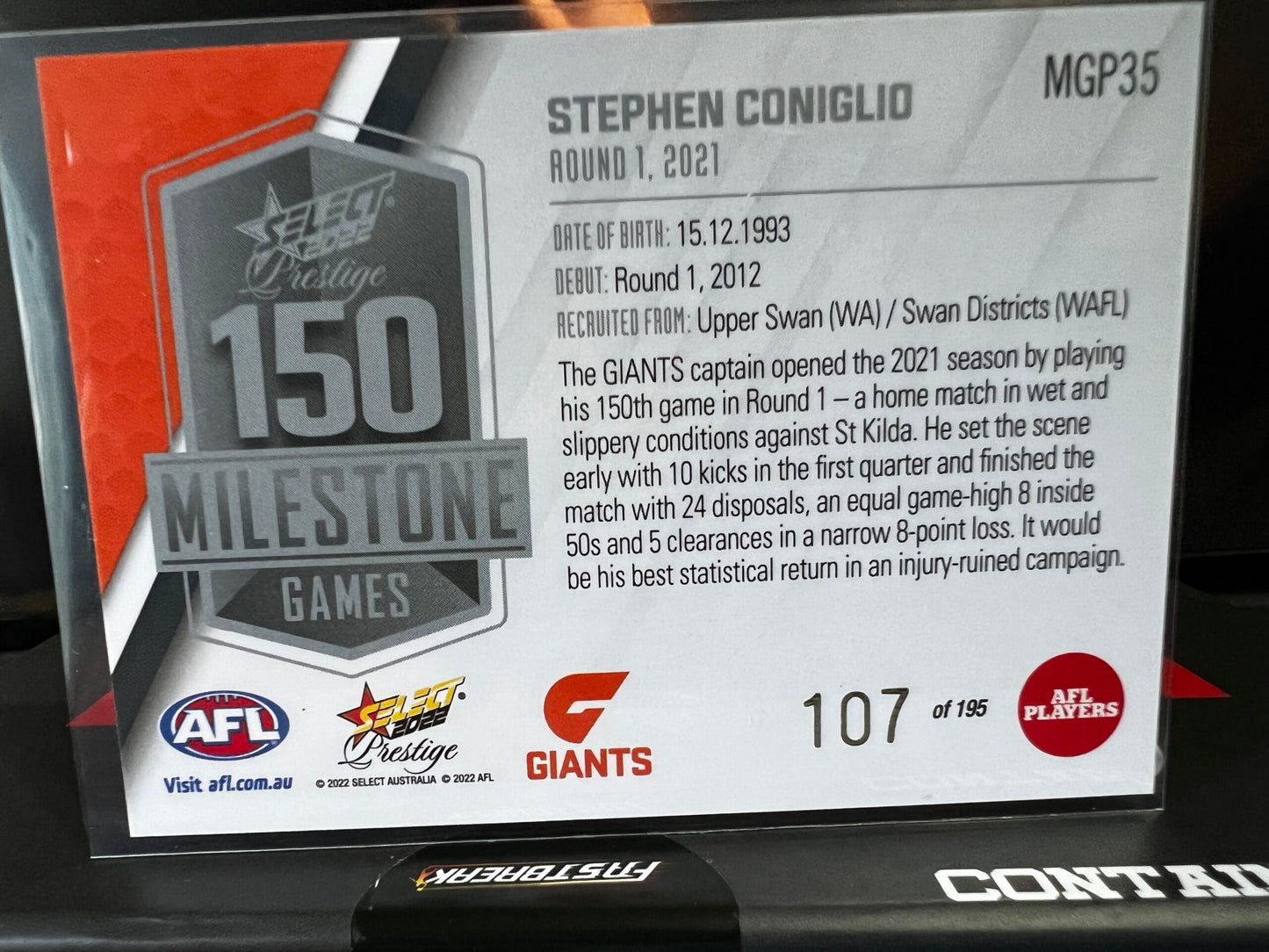 Stephen Coniglio - GWS - 2022 - Footy Stars Prestige - Milestone Games - 107/195