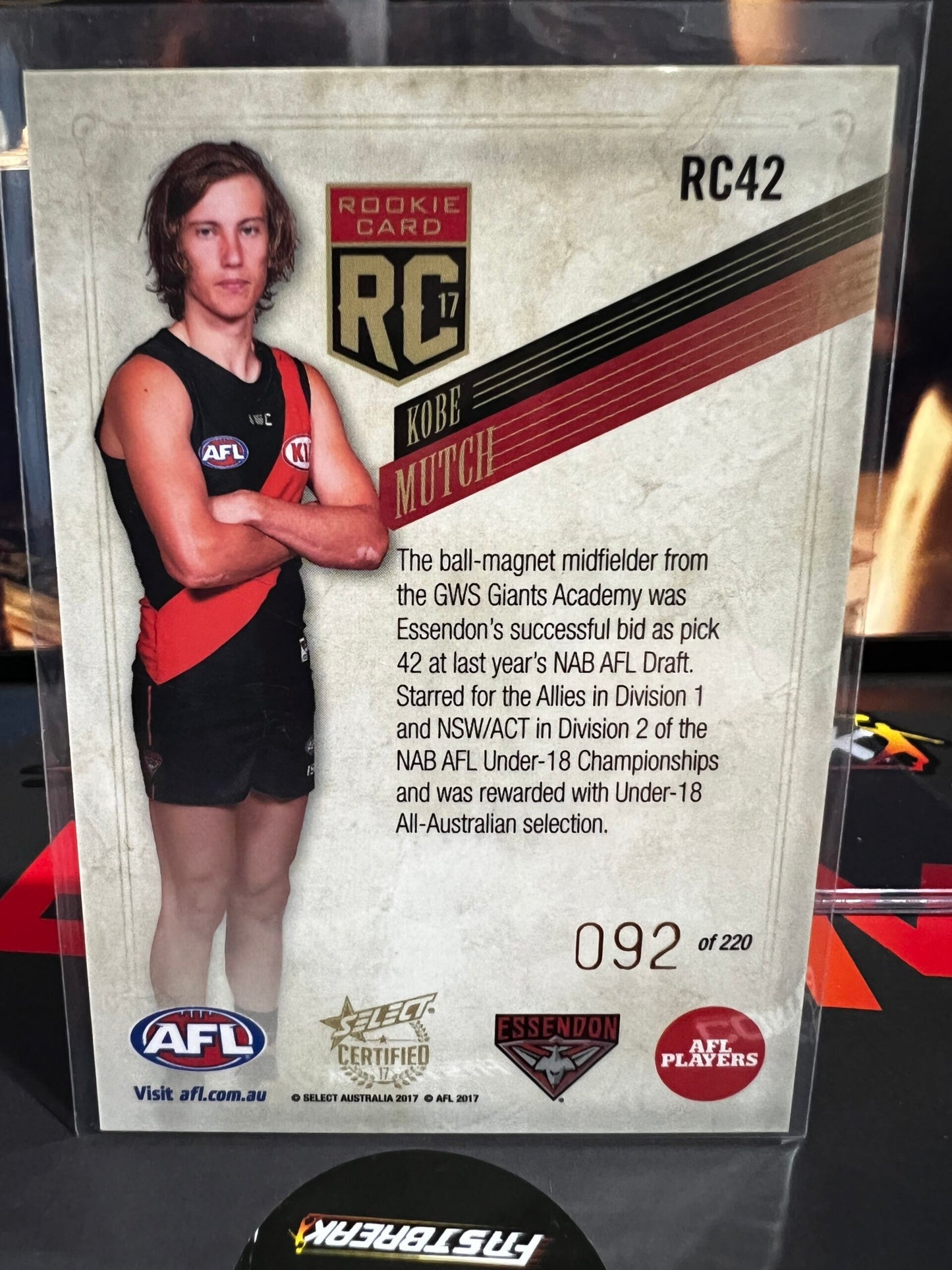 Kobe Mutch - Essendon - 2017 - Certified - Rookie Card - 92/220