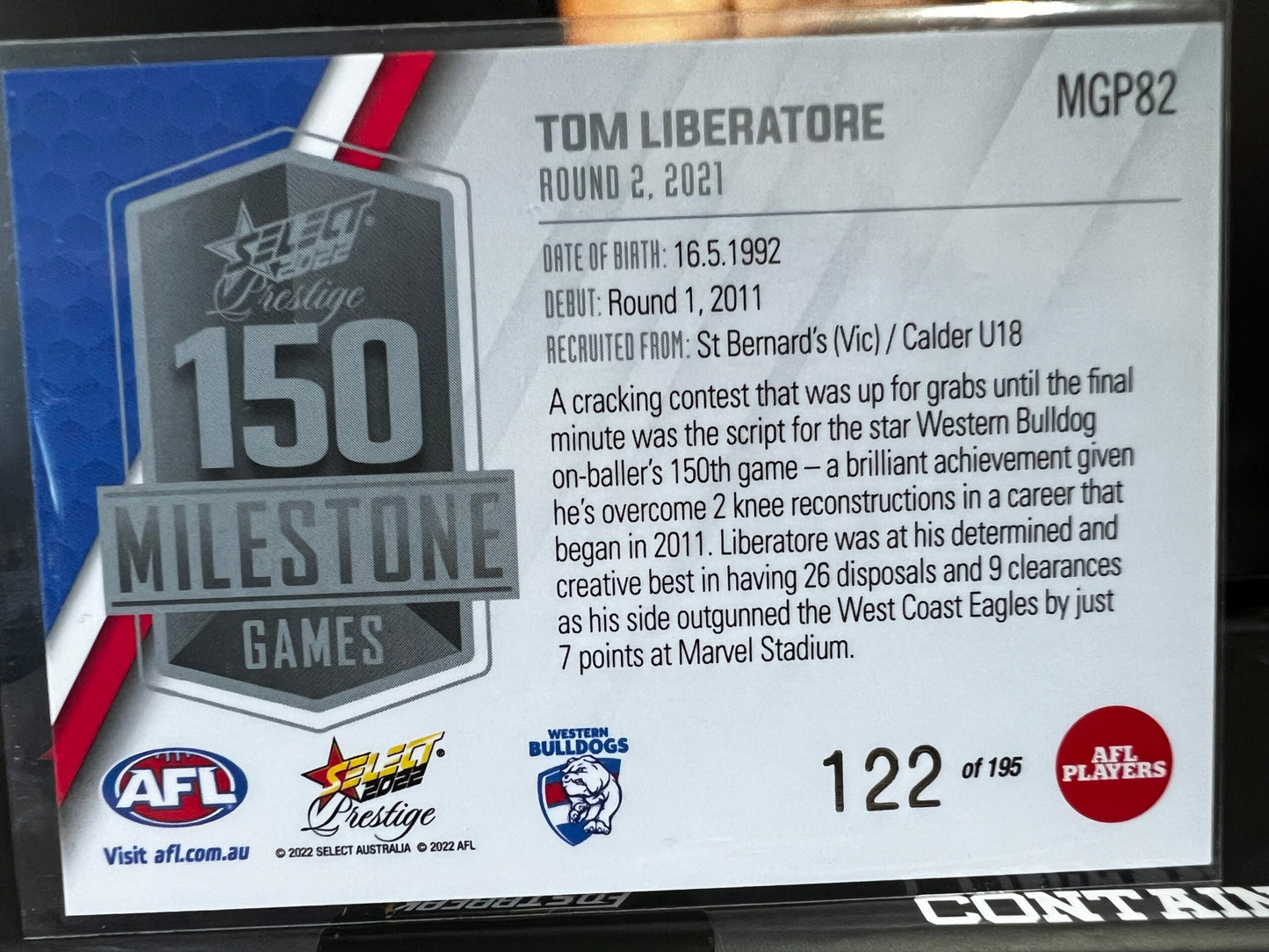 Tom Liberatore Western Bulldogs 2022 Footy Stars Prestige Milestone 122/195