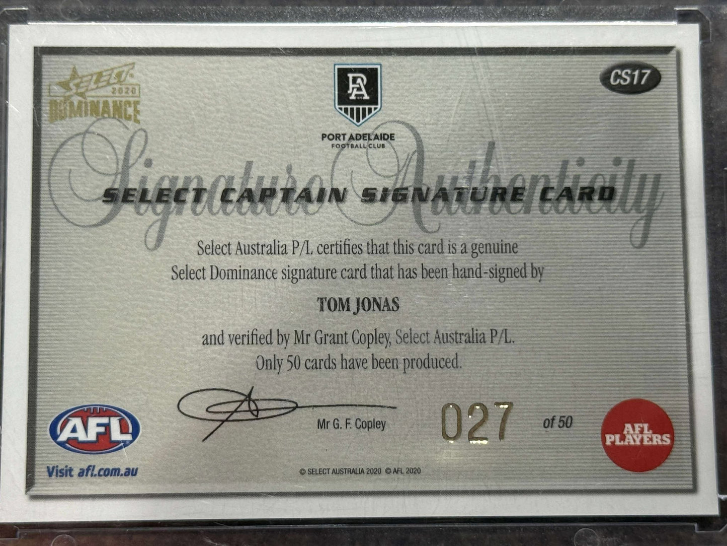 Tom Jonas Port Adelaide 2020 Dominance Captain Signature 27/50