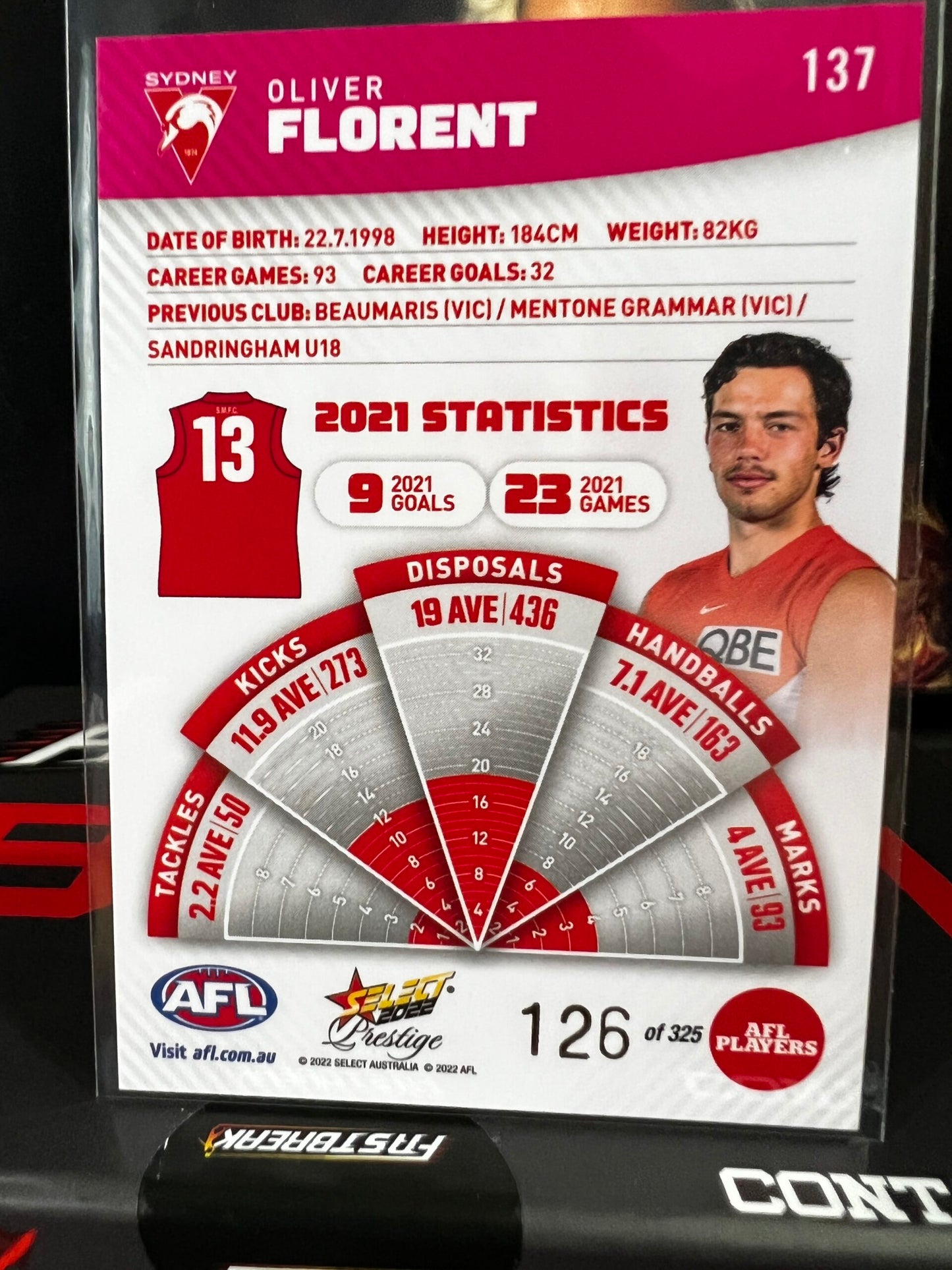 Oliver Florent - Sydney - 2022 - Footy Stars Prestige - Pink Parallel - 126/325