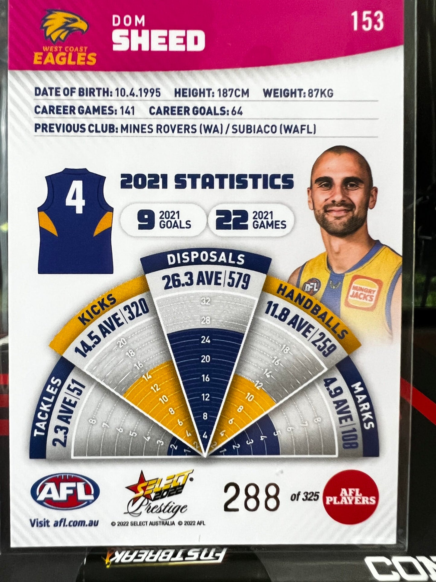 Dom Sheed - West Coast - 2022 - Footy Stars Prestige - Pink Parallel - 288/325