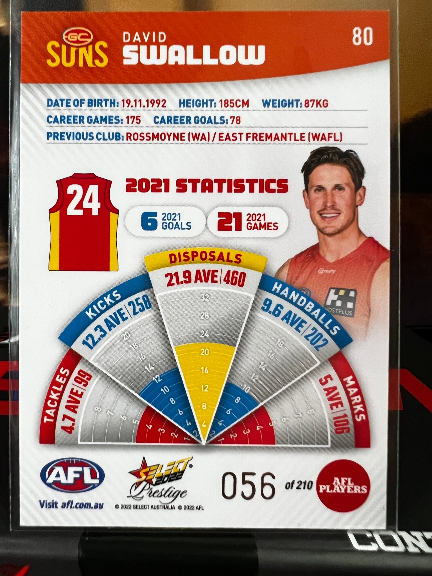 David Swallow Gold Coast 2022 Footy Stars Prestige Orange Parallel 56/210