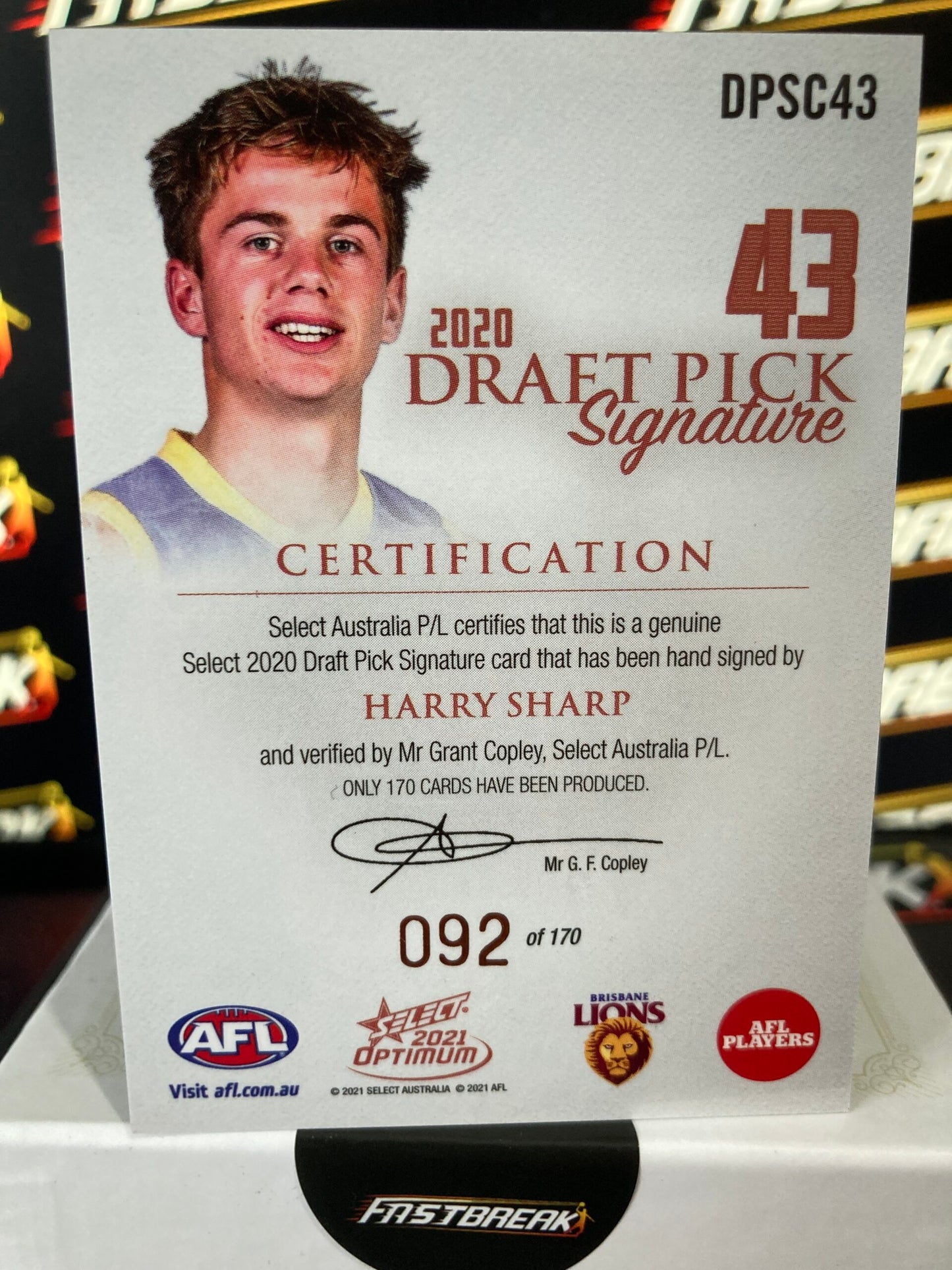 Harry Sharp - Brisbane - 2021 - Optimum - Copper Draft Pick Signature - 92/170