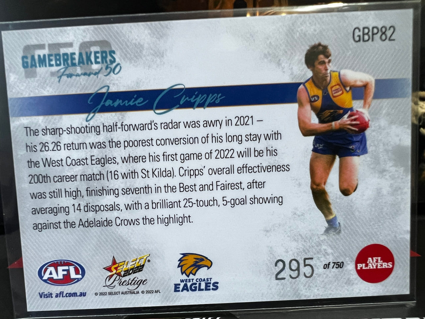 Jamie Cripps - West Coast - 2022 - Footy Stars Prestige - Gamebreakers - 295/750