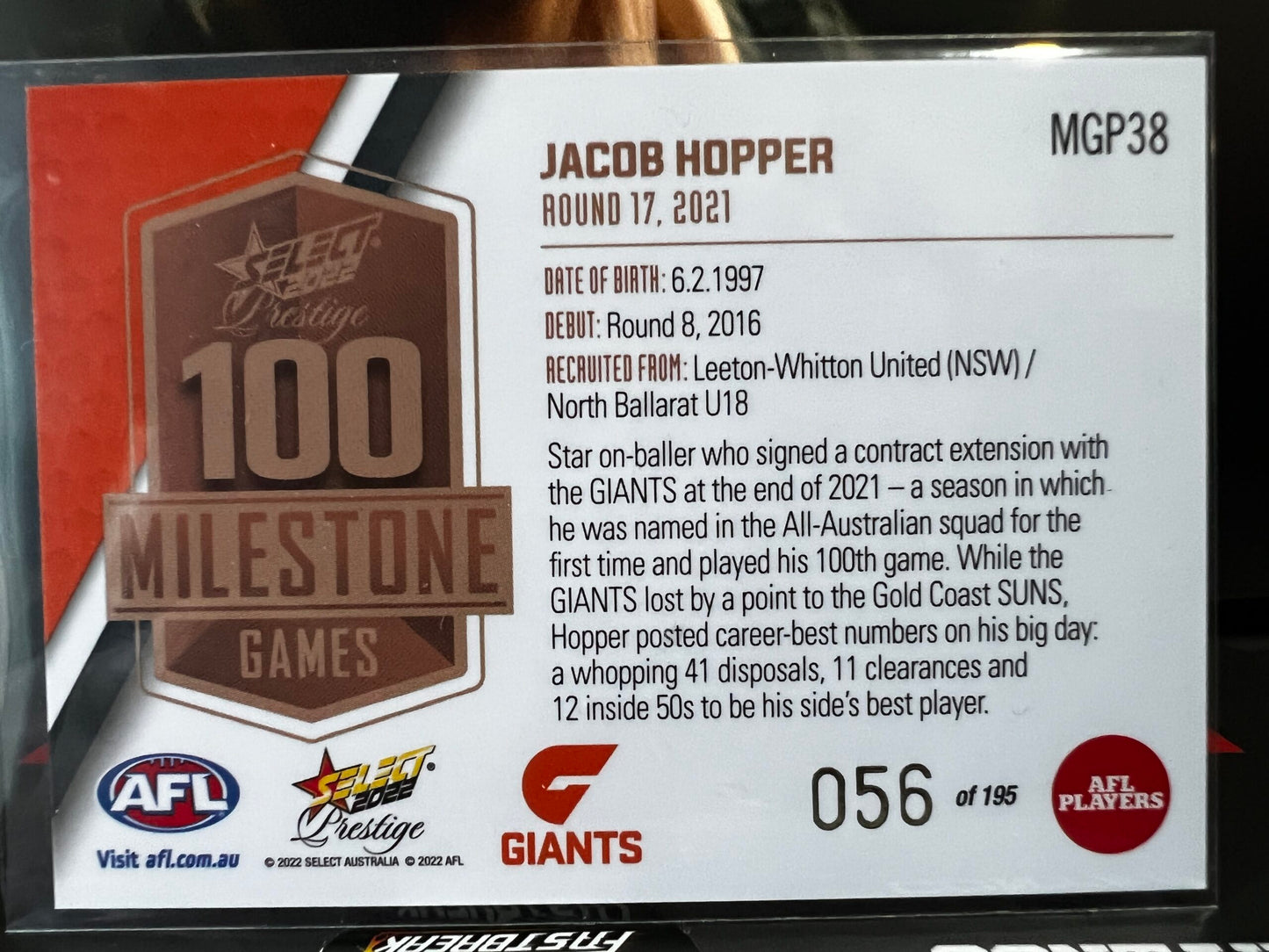 Jacob Hopper - GWS - 2022 - Footy Stars Prestige - Milestone Games - 56/195