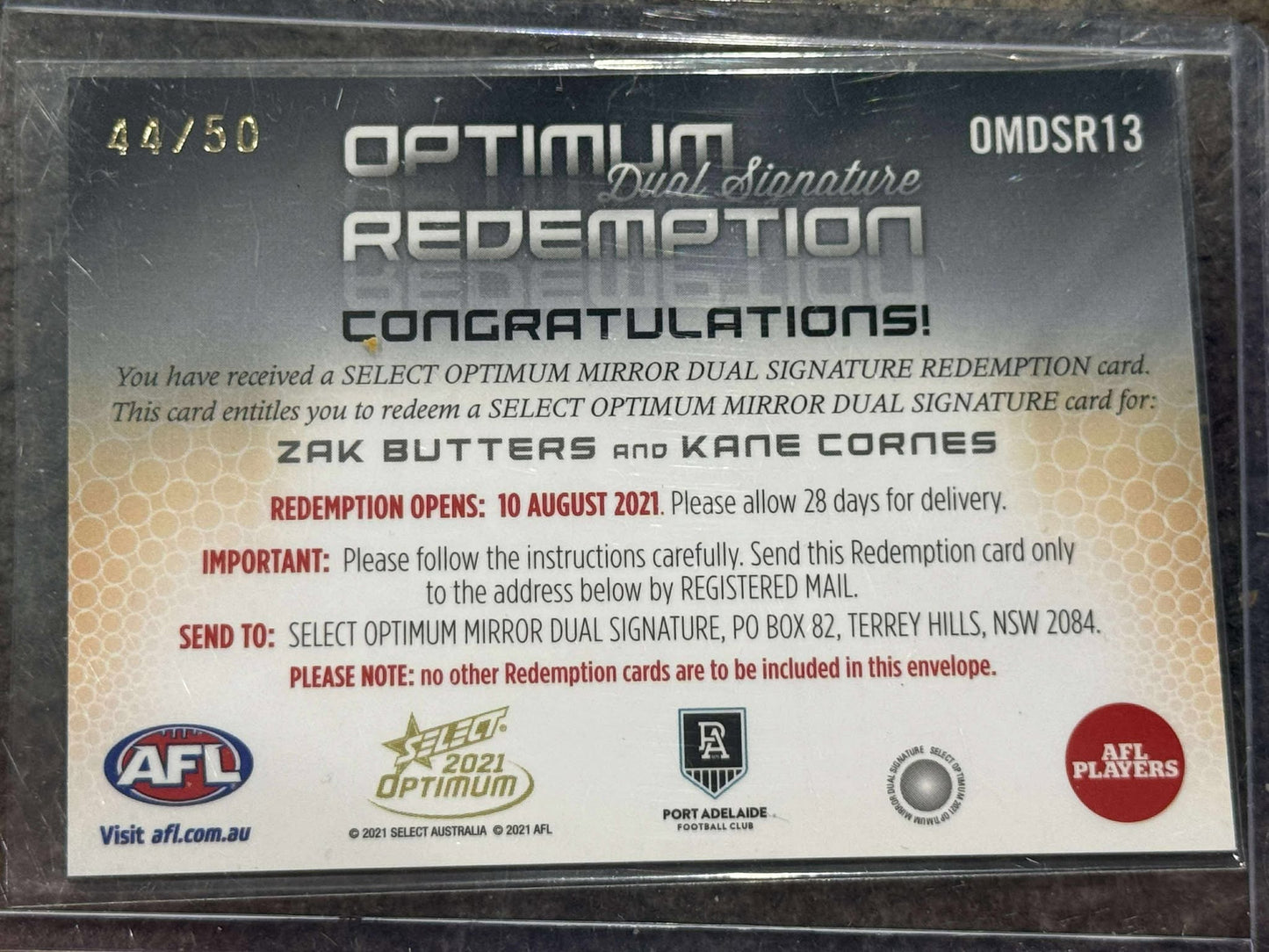 Zak Butters Kane Cornes Port Adelaide 2021 Optimum Duel Signature 44/50