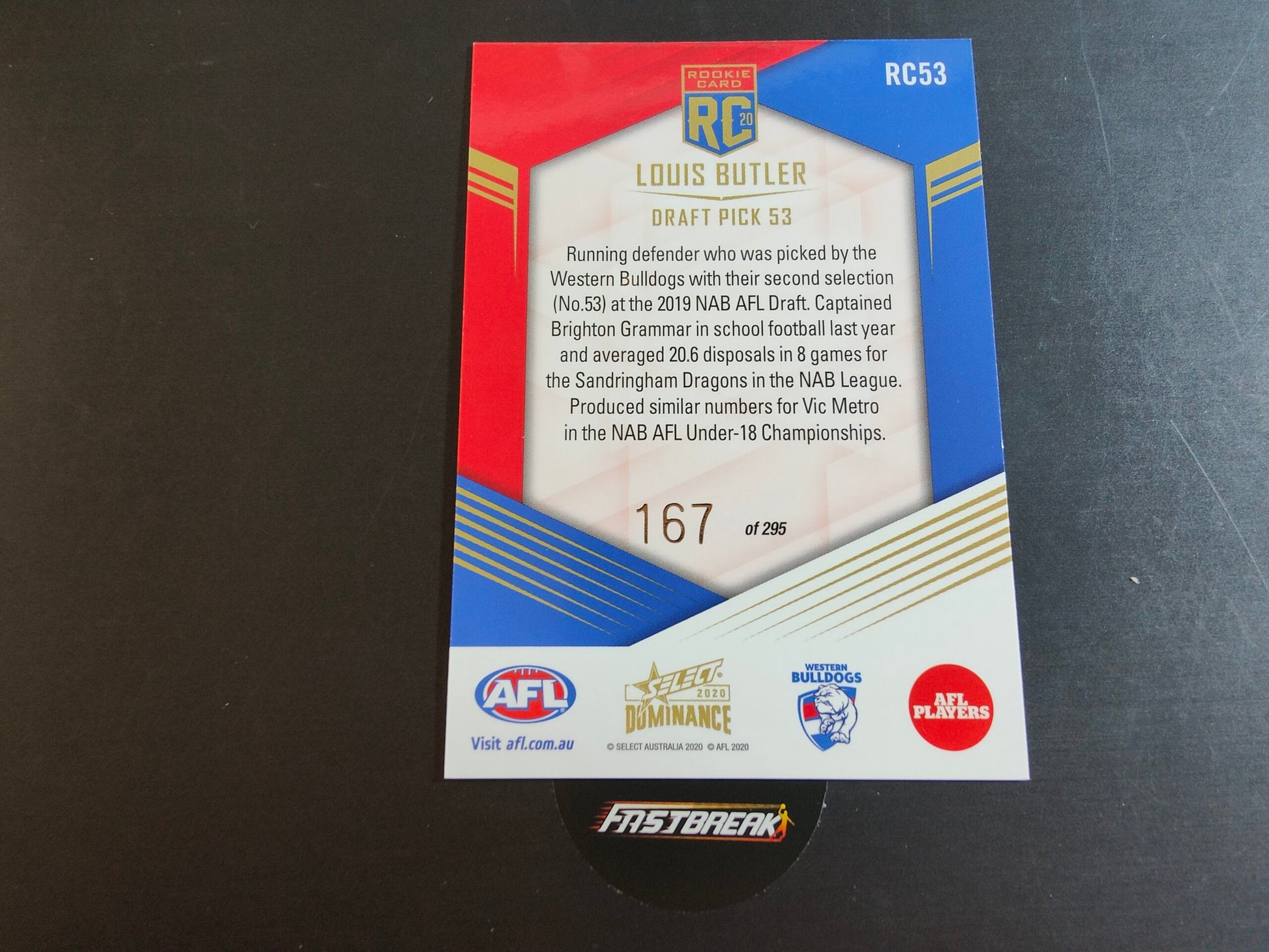 Louis Butler - Western Bulldogs - 2020 - Dominance - Rookie Card - 167/295
