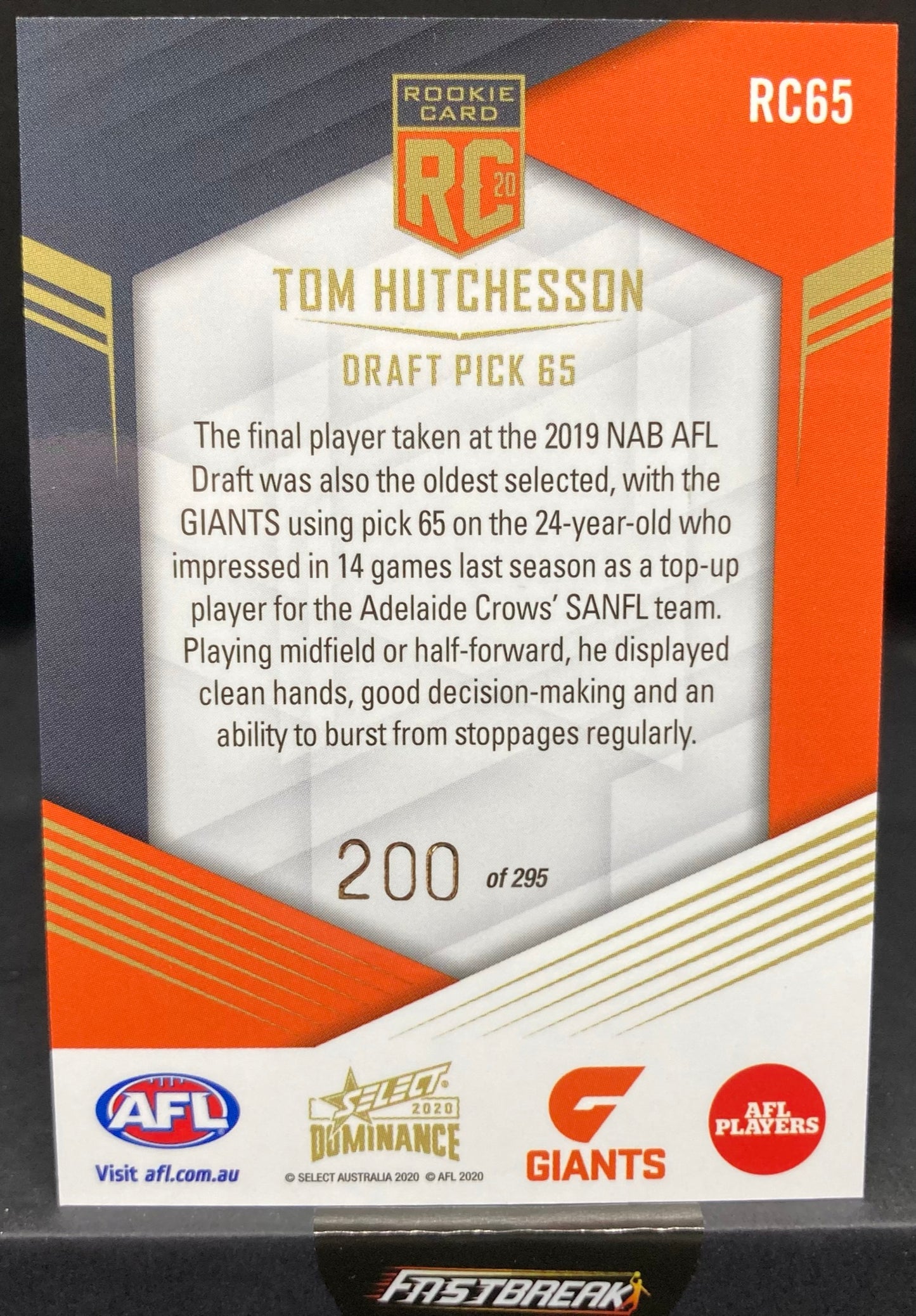 Tom Hutchesson - GWS - 2020 - Dominance - Rookie Card - 200/295