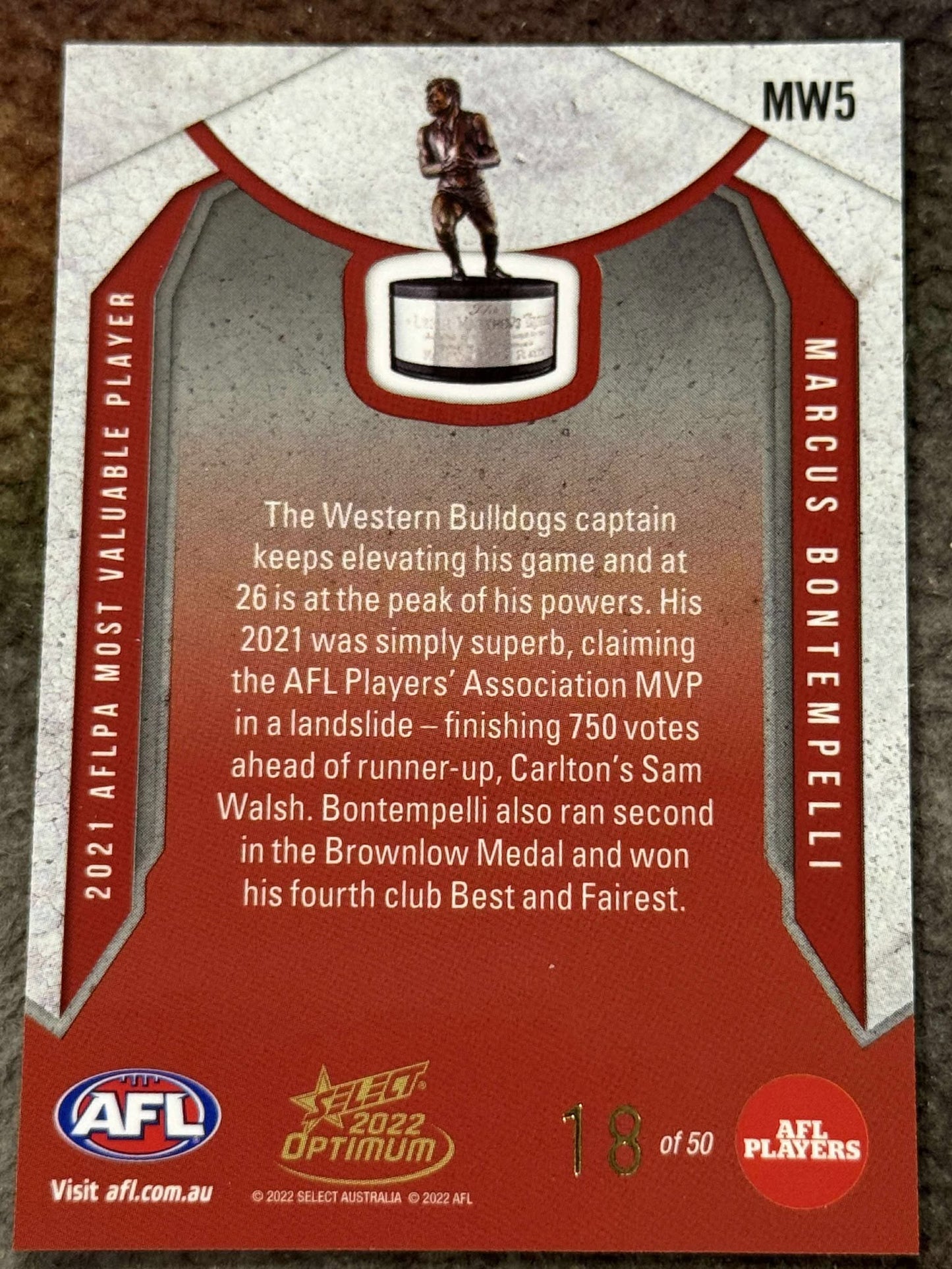 Marcus Bontempelli Western Bulldogs 2022 Optimum Medal AFLPA MVP 18/50
