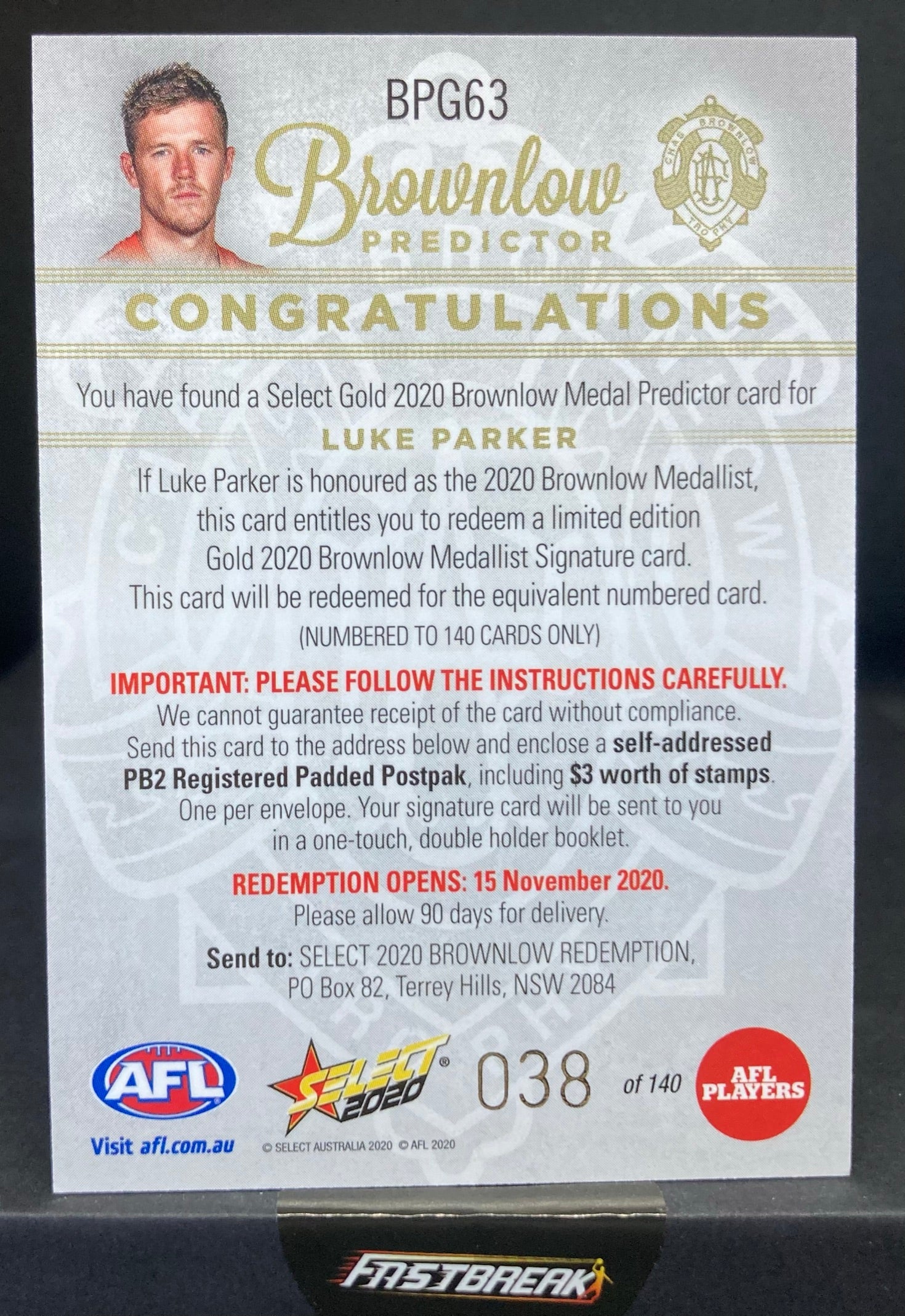 Luke Parker - Sydney - 2020 - Footy Stars - Brownlow Predictor - 38/140