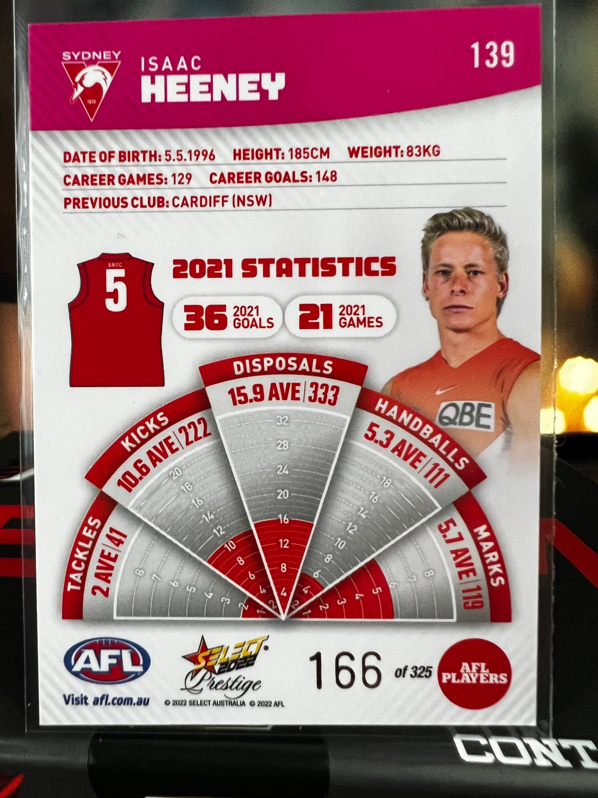Isaac Heeney - Sydney - 2022 - Footy Stars Prestige - Pink Parallel - 166/325