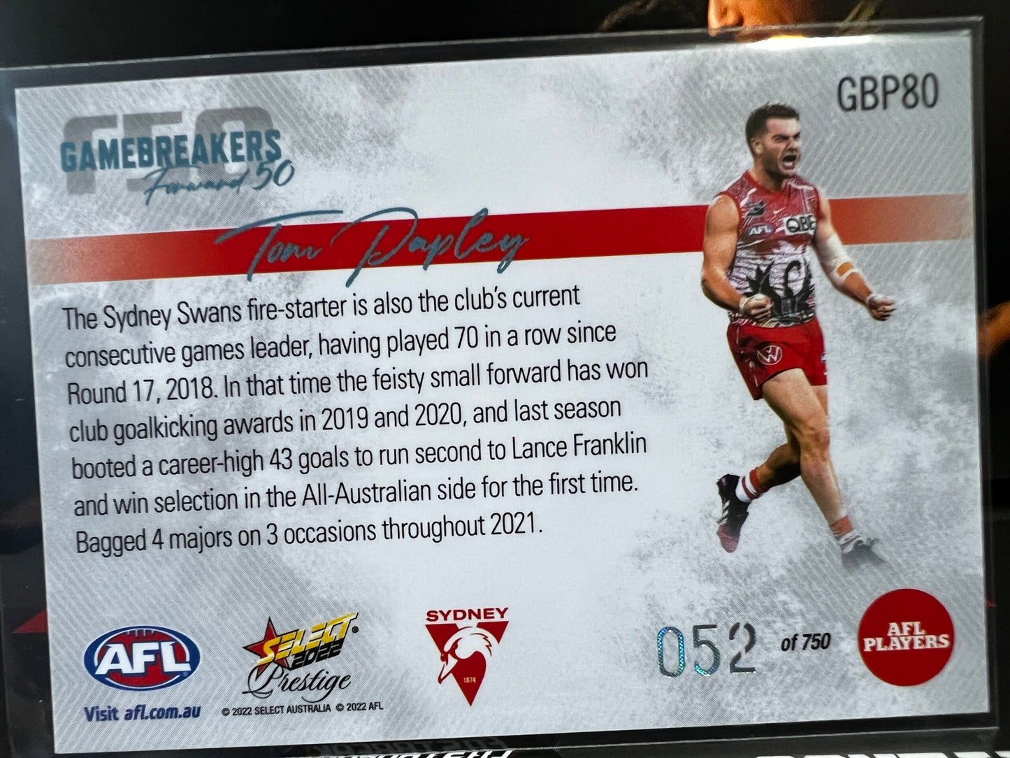 Tom Papley - Sydney - 2022 - Footy Stars Prestige - Gamebreakers - 52/750