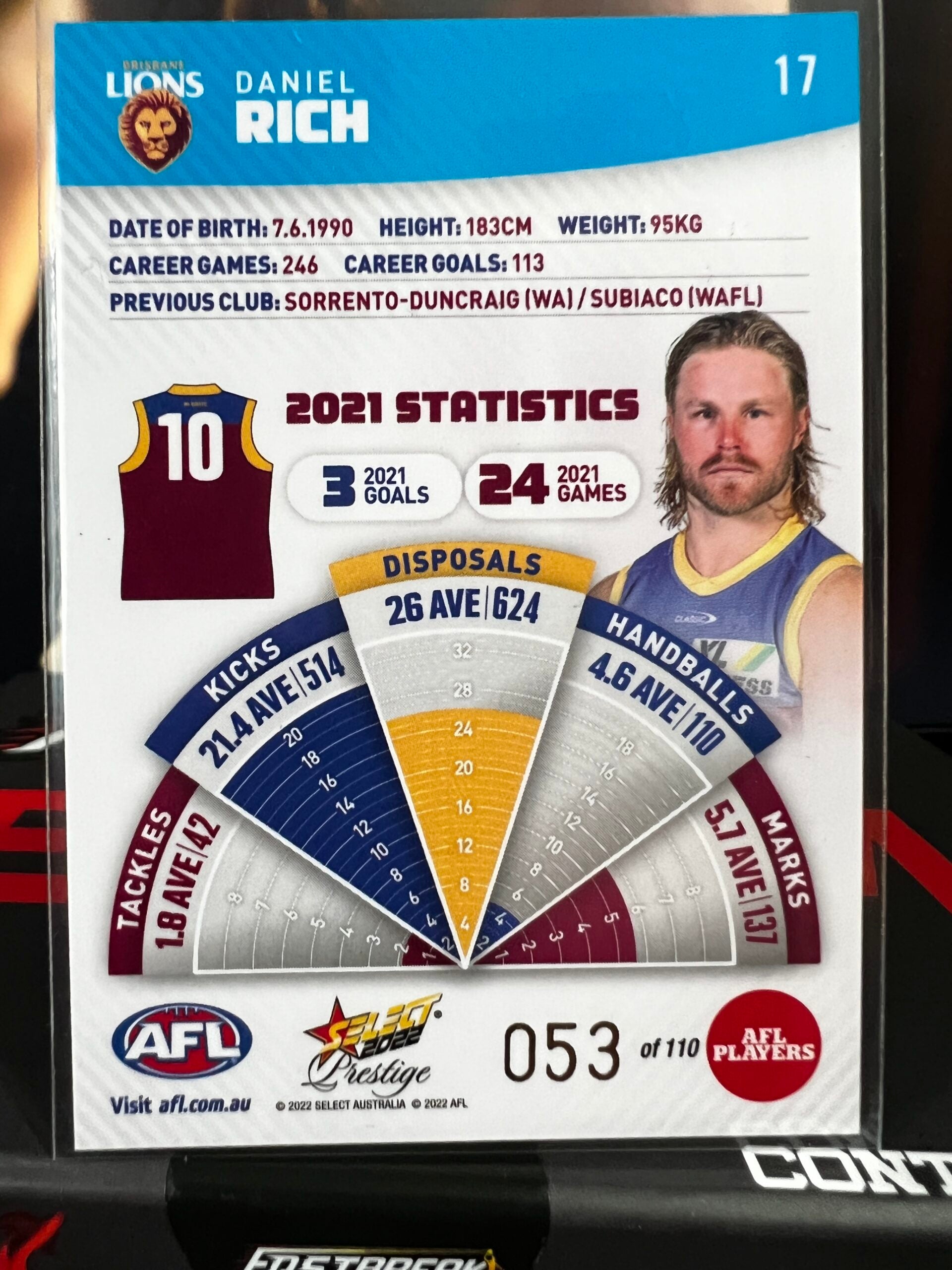Daniel Rich - Brisbane - 2022 - Footy Stars Prestige - Blue Parallel - 53/110