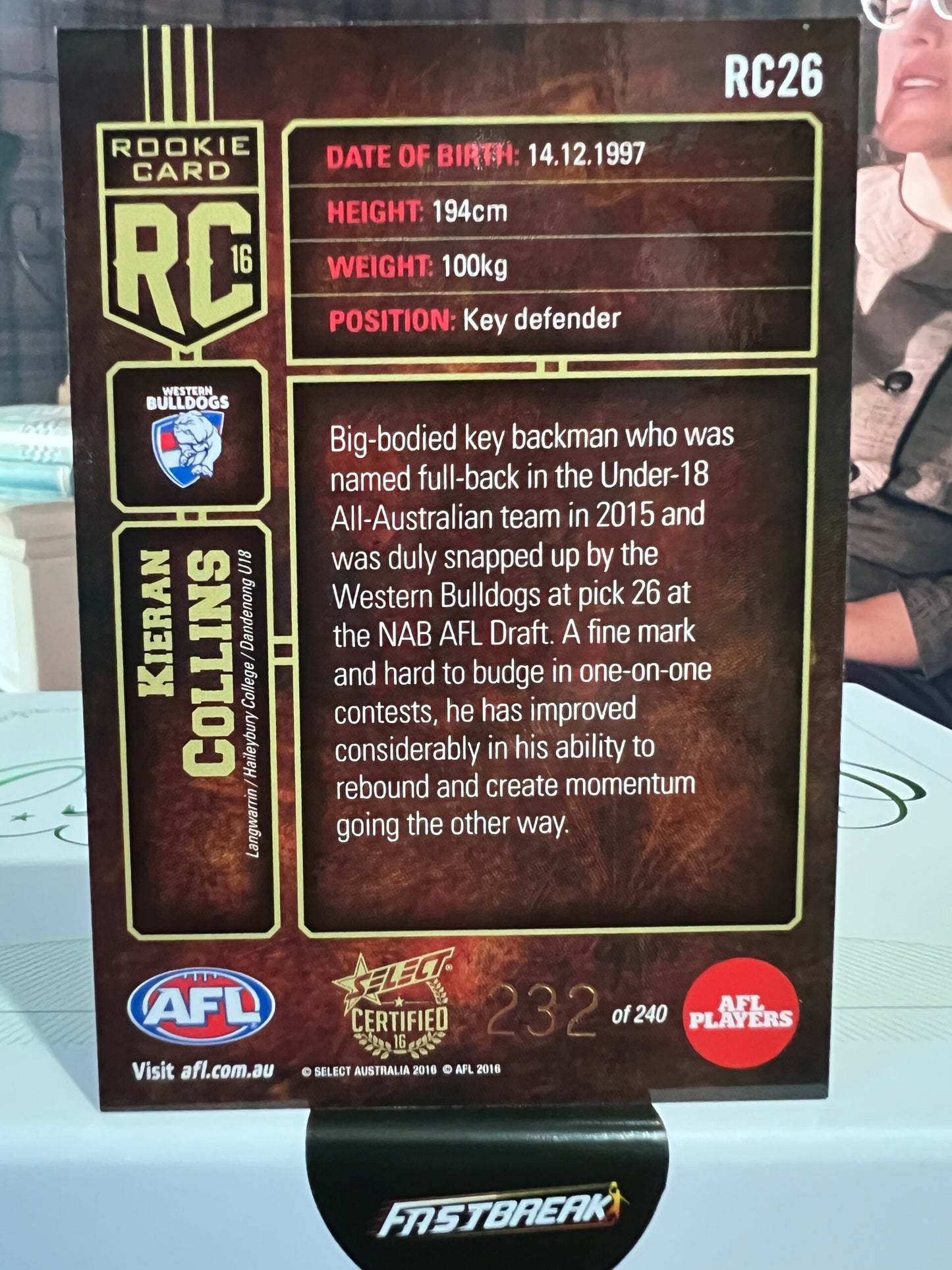 Kieran Collins - Western Bulldogs - 2016 - Certified - Rookie Card - 232/240