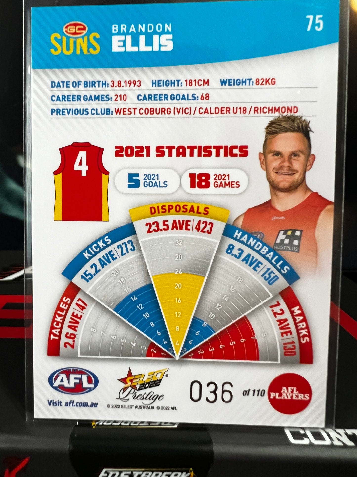 Brandon Ellis Gold Coast 2022 Footy Stars Prestige Blue Parallel 36/110
