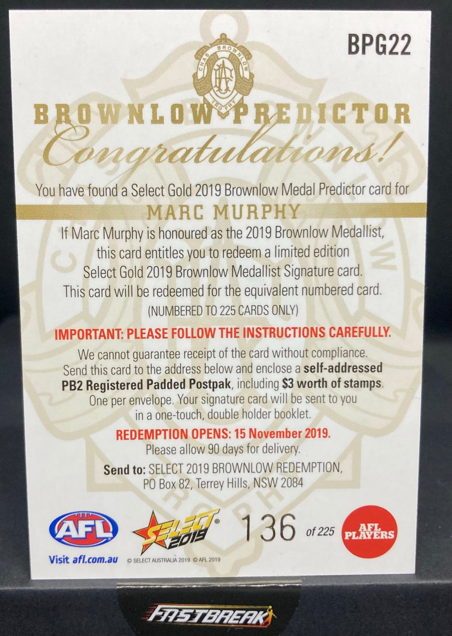 Marc Murphy - Carlton - 2019 - Footy Stars - Gold Brownlow Predictor - 136/225