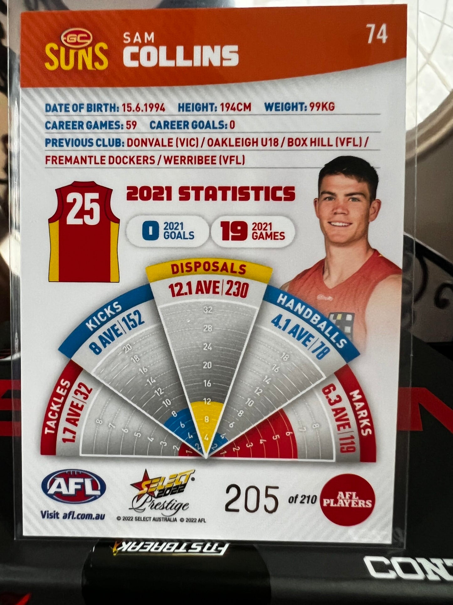 Sam Collins Gold Coast 2022 Footy Stars Prestige Orange Parallel 205/210