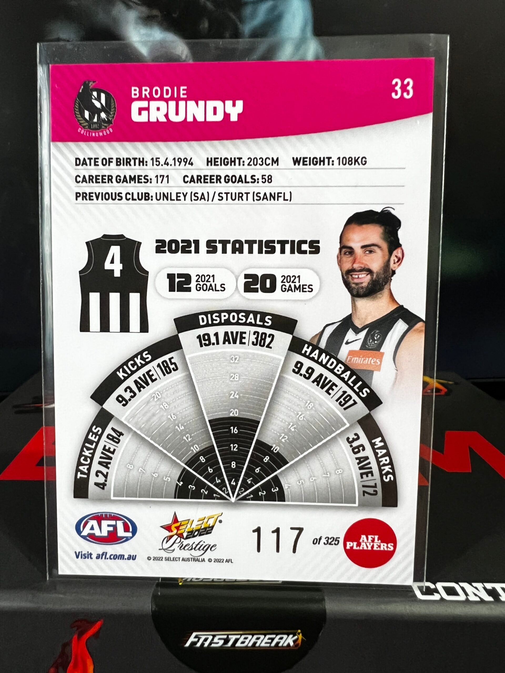 Brodie Grundy Collingwood 2022 Footy Stars Prestige Pink Parallel 117/325