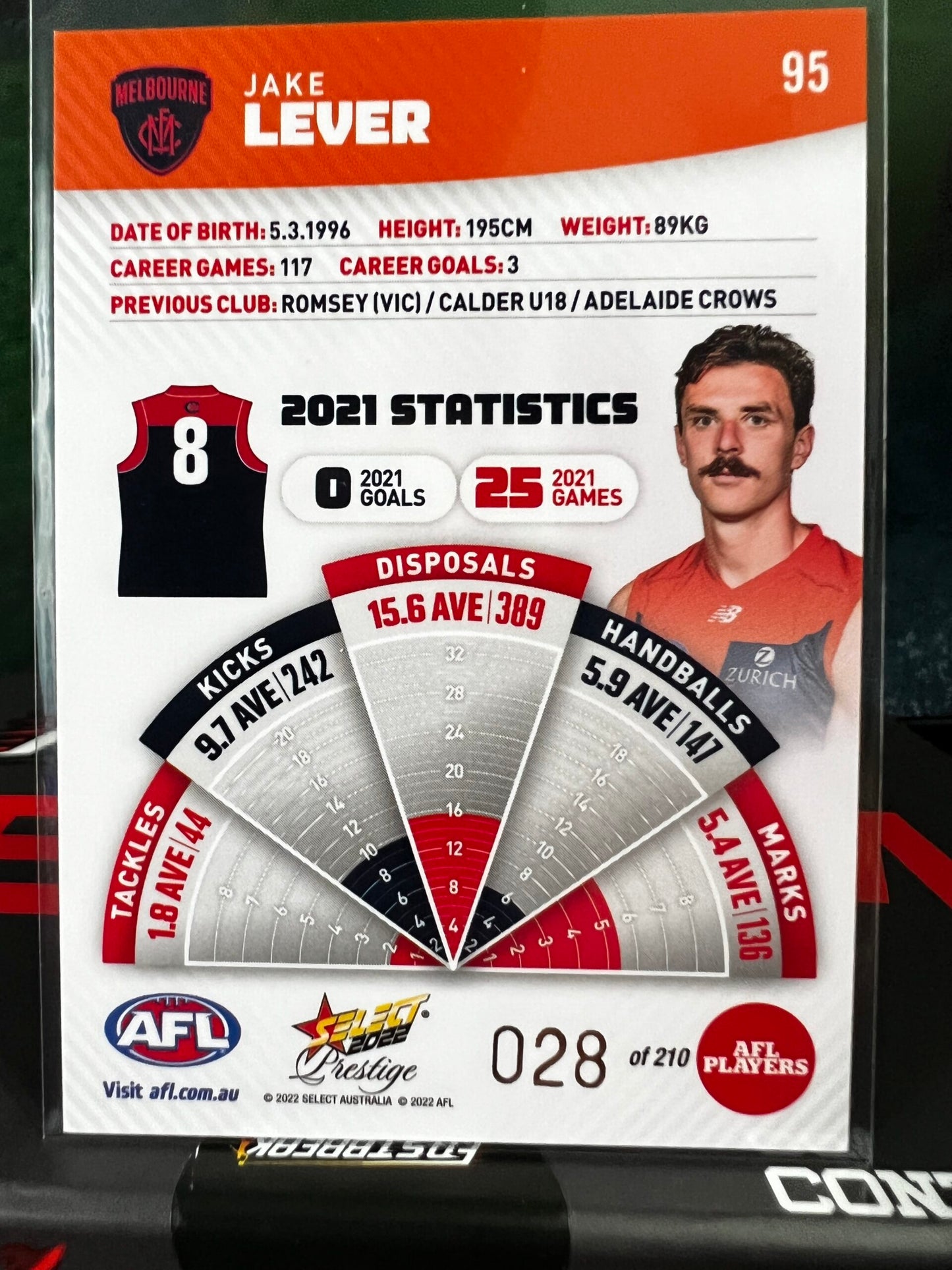 Jake Lever - Melbourne - 2022 - Footy Stars Prestige - Orange Parallel - 28/210