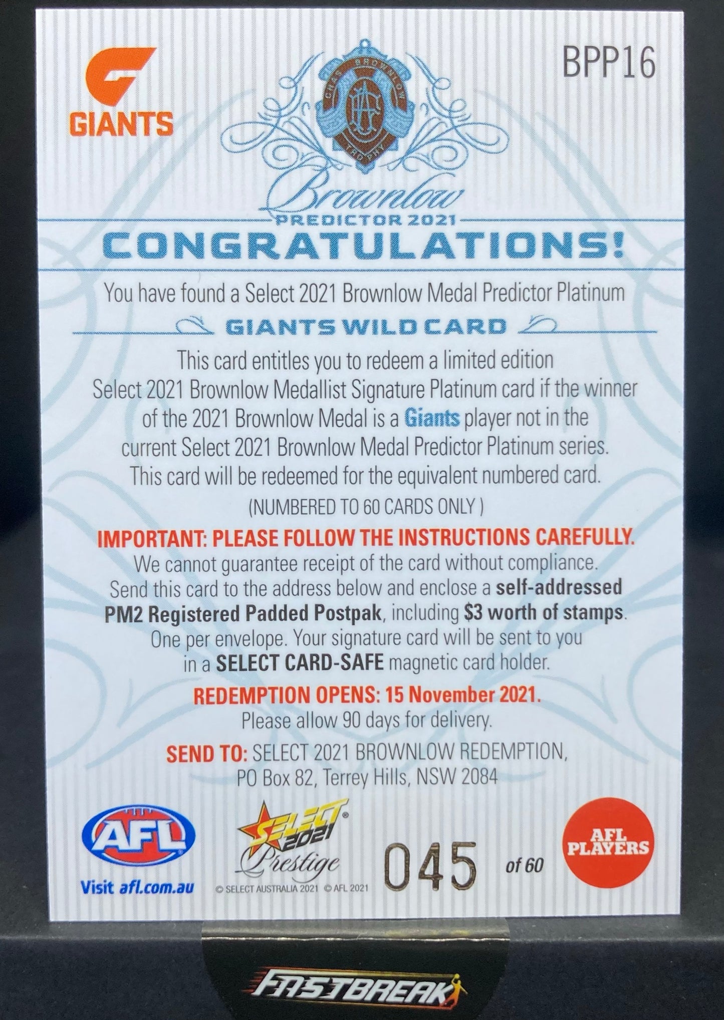 Wildcard - GWS  - 2021 - FS Prestige - Brownlow Predictor - 45/60