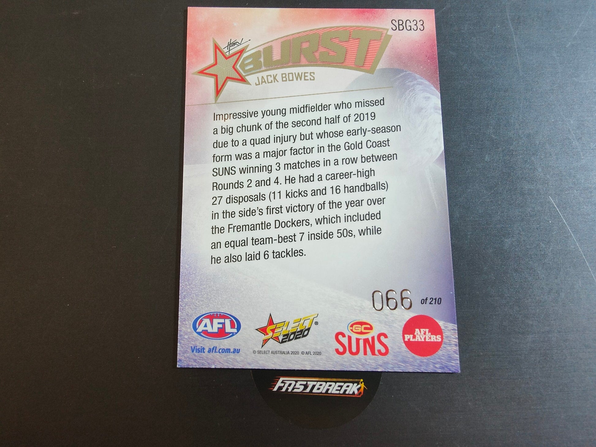 Jack Bowes - Gold Coast - 2020 - Footy Stars - Galactic Starburst - 66/210