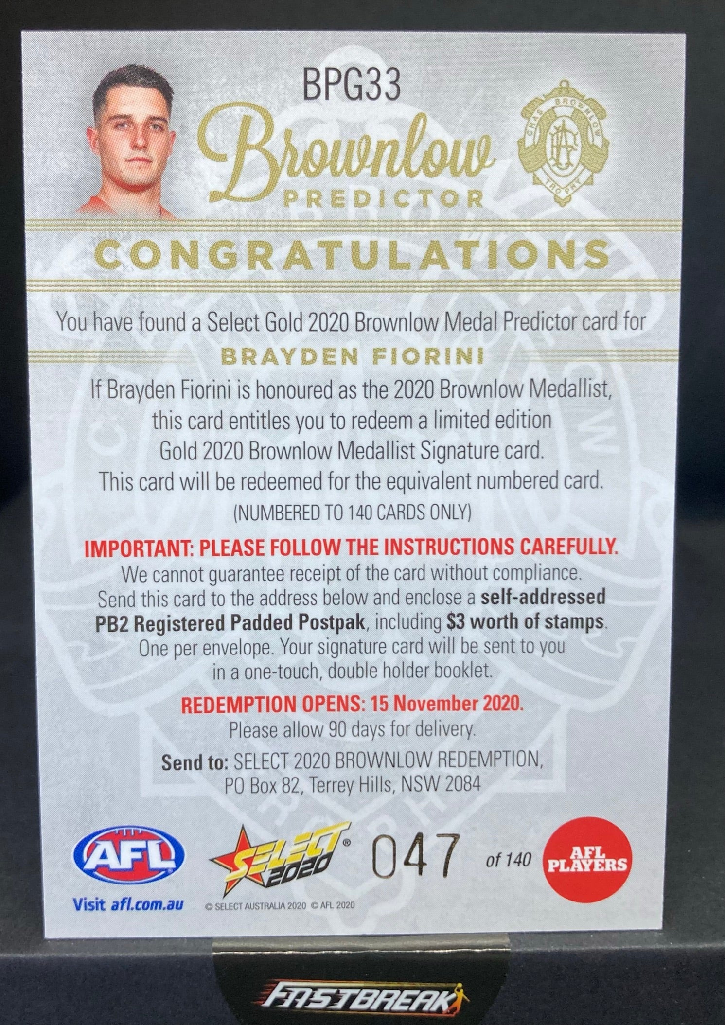 Brayden Fiorini - Gold Coast - 2020 - Footy Stars - Brownlow Predictor - 47/140