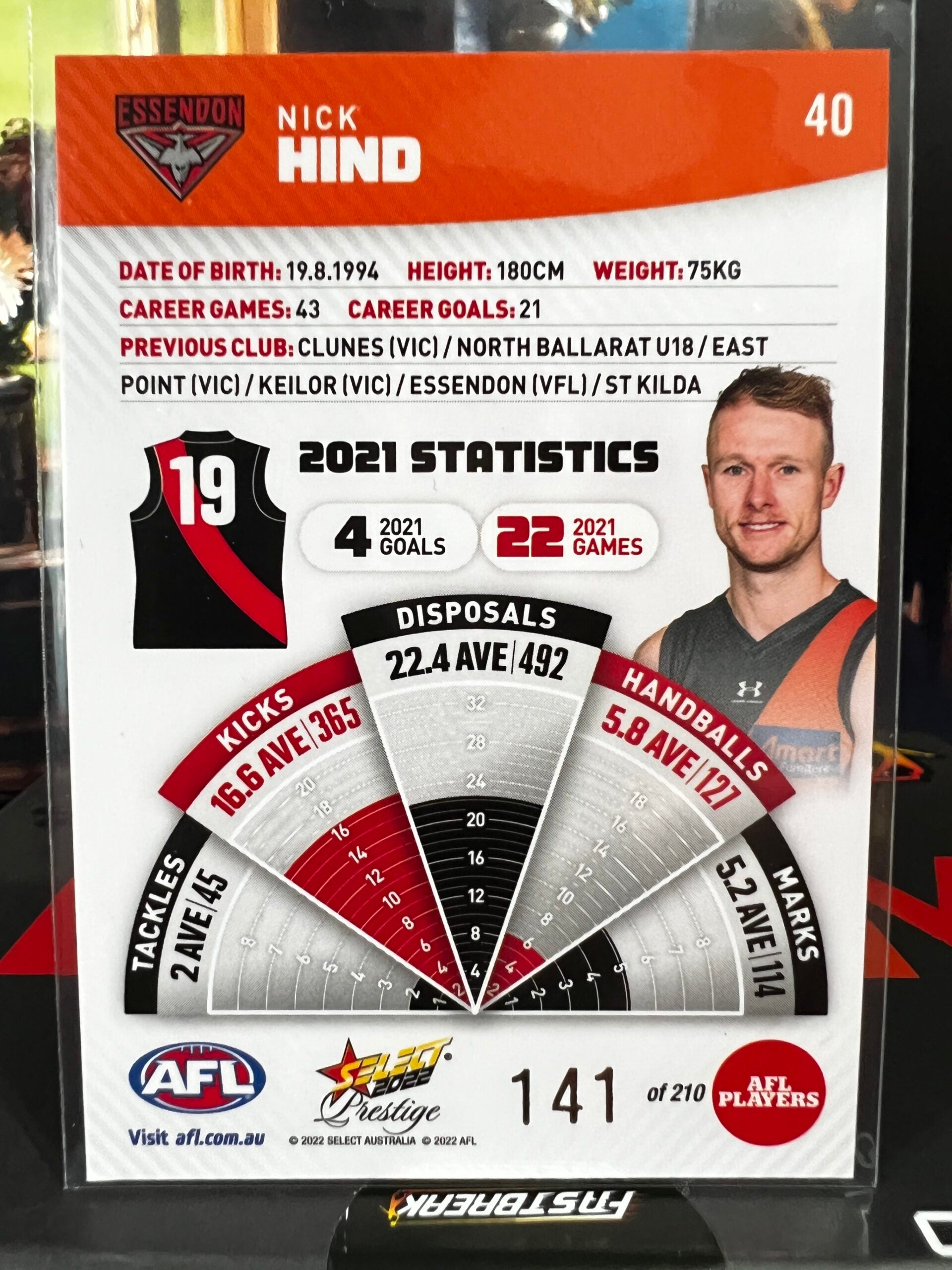 Nick Hind - Essendon - 2022 - Footy Stars Prestige - Orange Parallel - 141/210