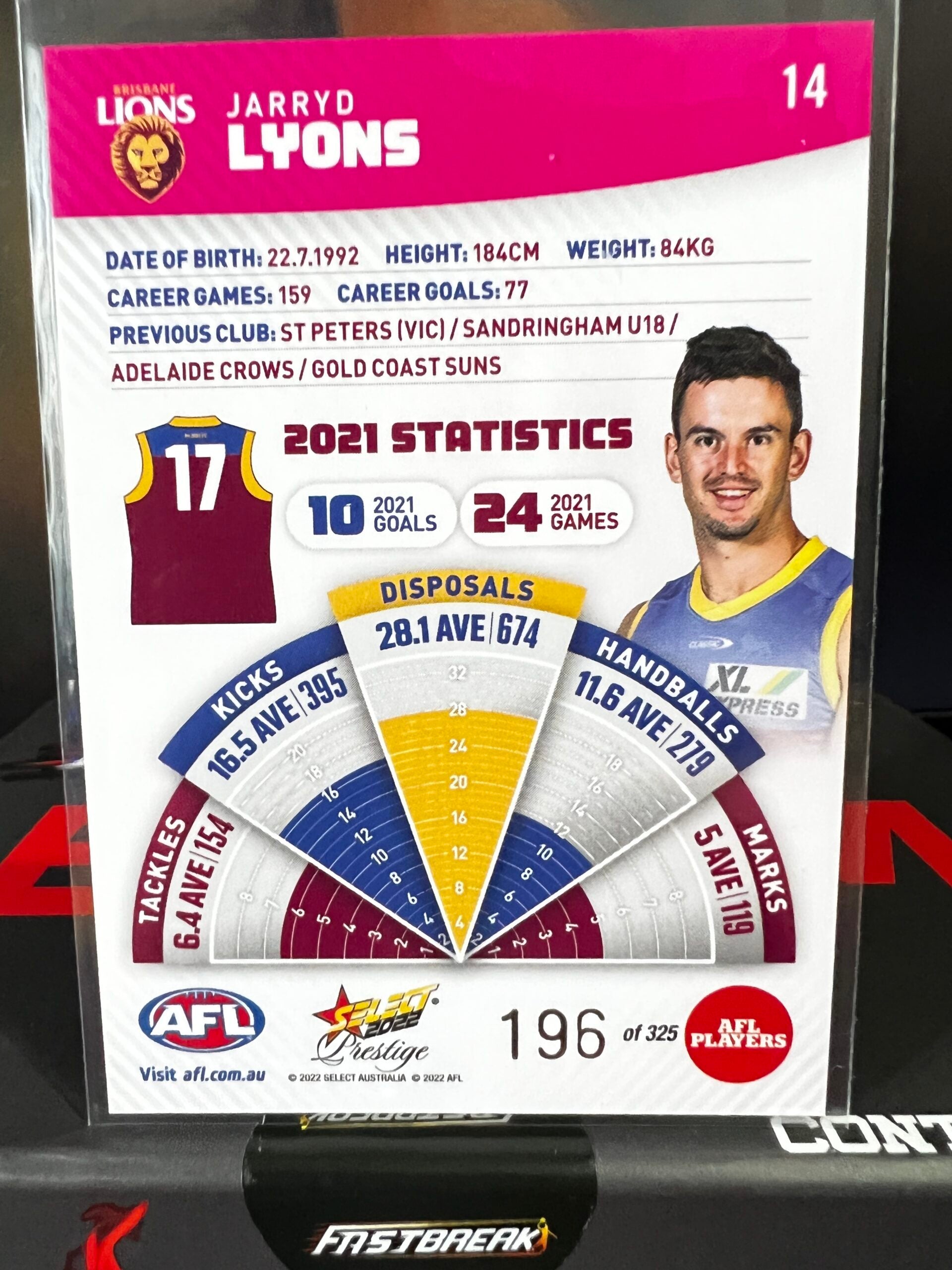 Jarryd Lyons - Brisbane - 2022 - Footy Stars Prestige - Pink Parallel - 196/325