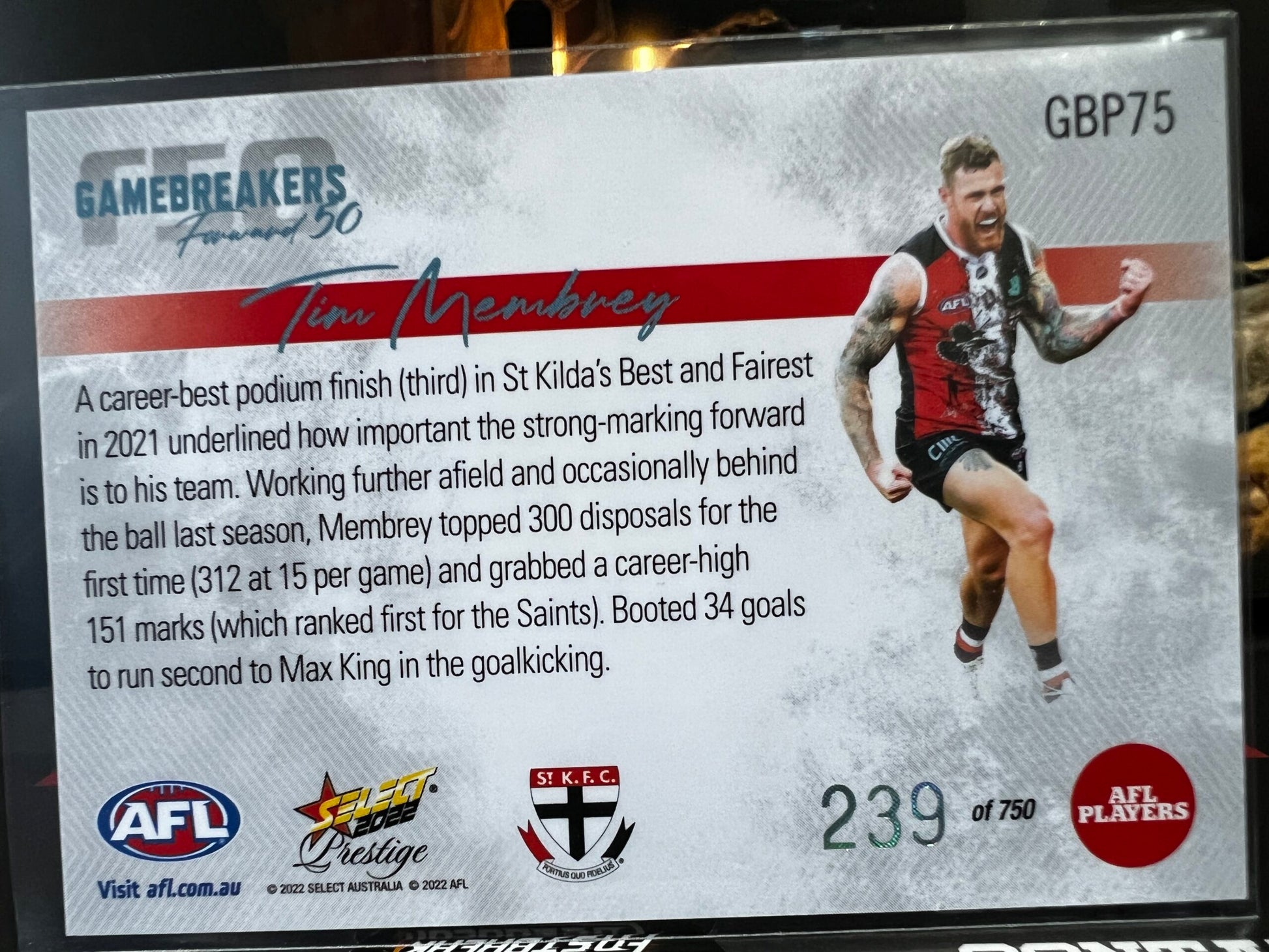 Tim Membery - St Kilda - 2022 - Footy Stars Prestige - Gamebreakers - 239/750