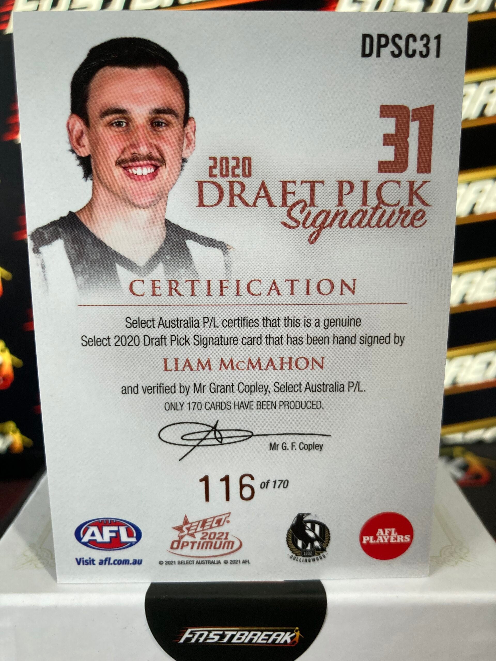 Liam McMahon Collingwood 2021 Optimum Copper Draft Pick Signature 116/170