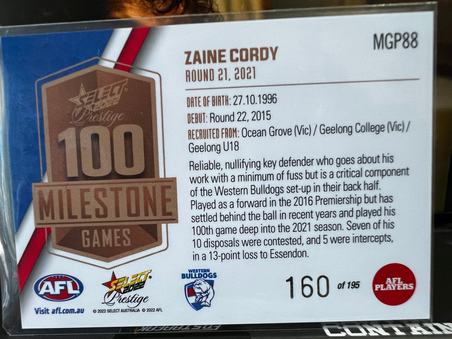 Zaine Cordy Western Bulldogs 2022 Footy Stars Prestige Milestone Games 160/195