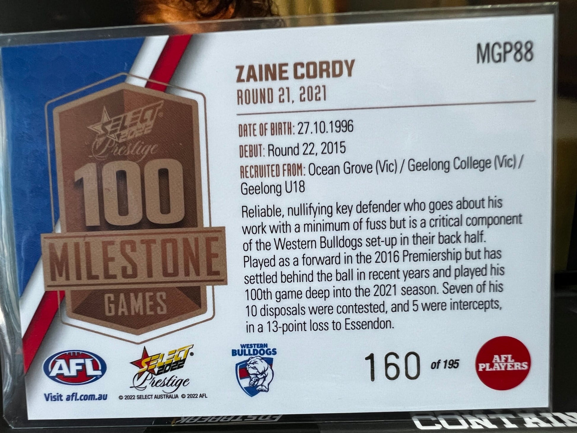 Zaine Cordy Western Bulldogs 2022 Footy Stars Prestige Milestone Games 160/195