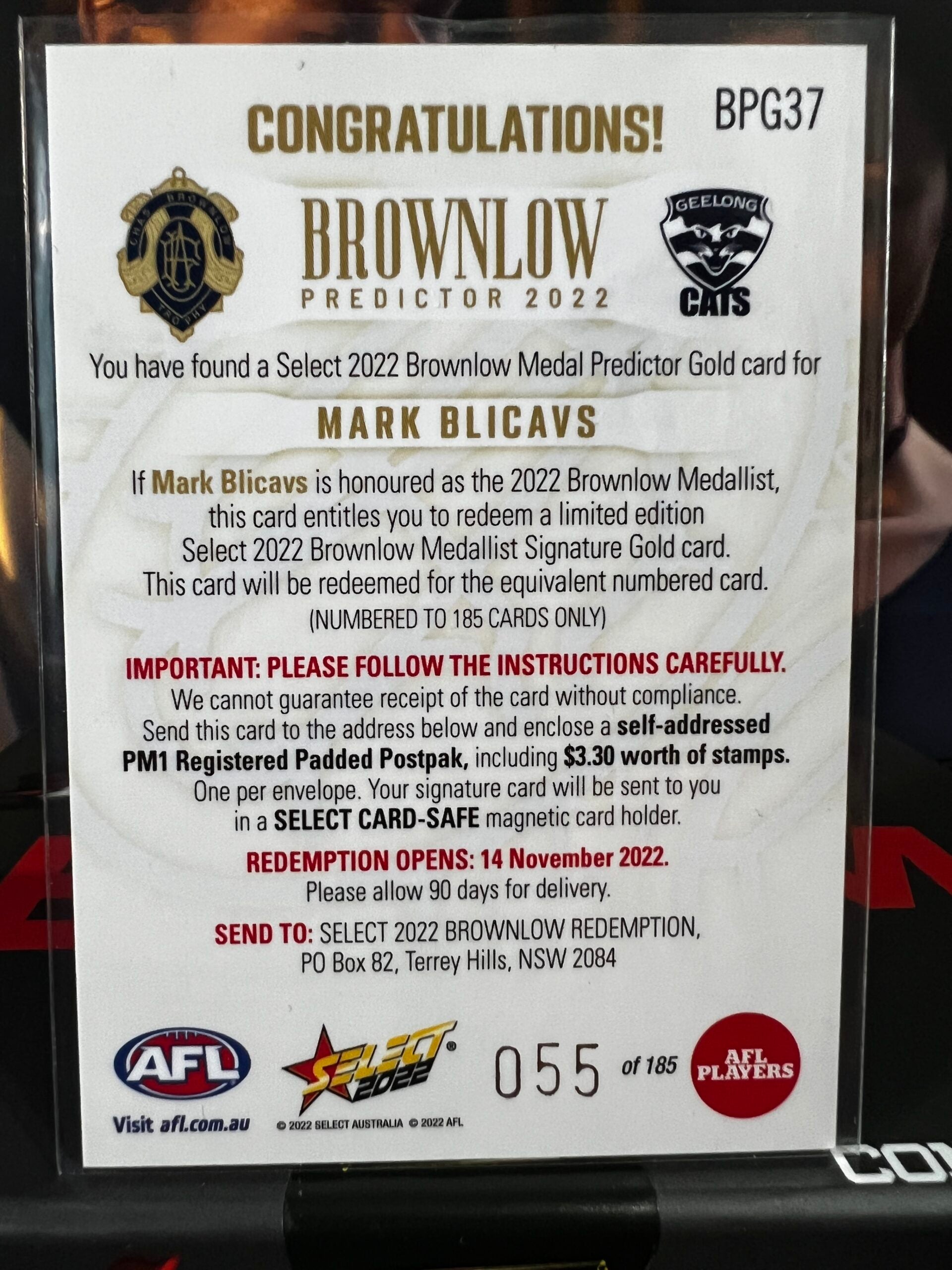 Mark Blicavs - Geelong - 2022 - Footy Stars  - Gold Brownlow Predictor - 55/185