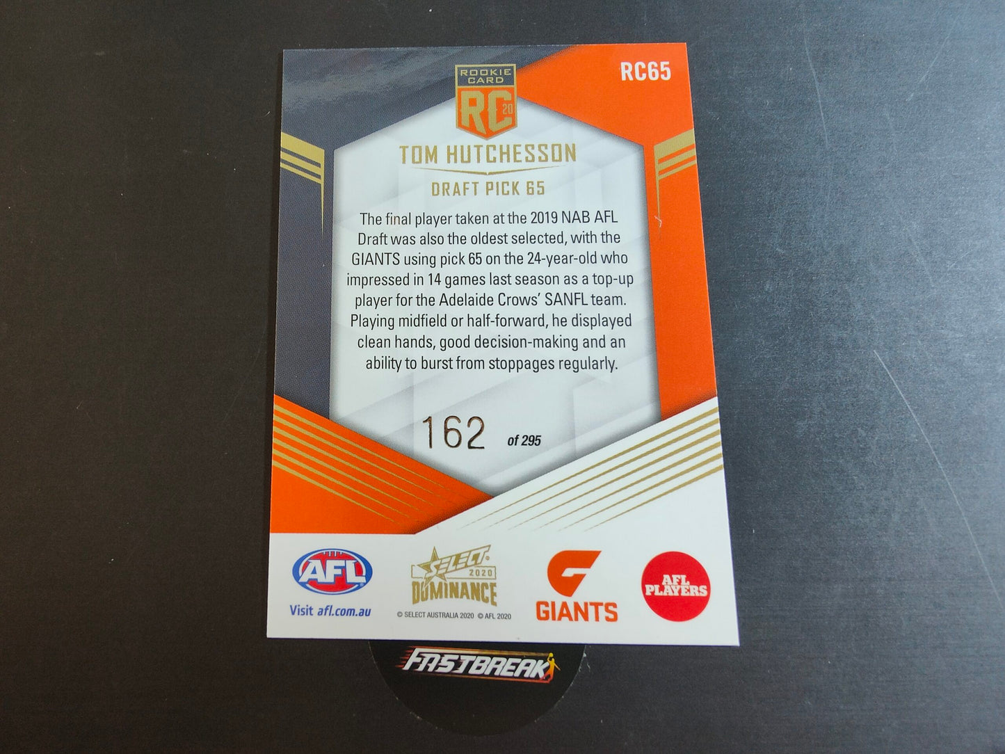 Tom Hutchesson - GWS - 2020 - Dominance - Rookie Card - 162/295