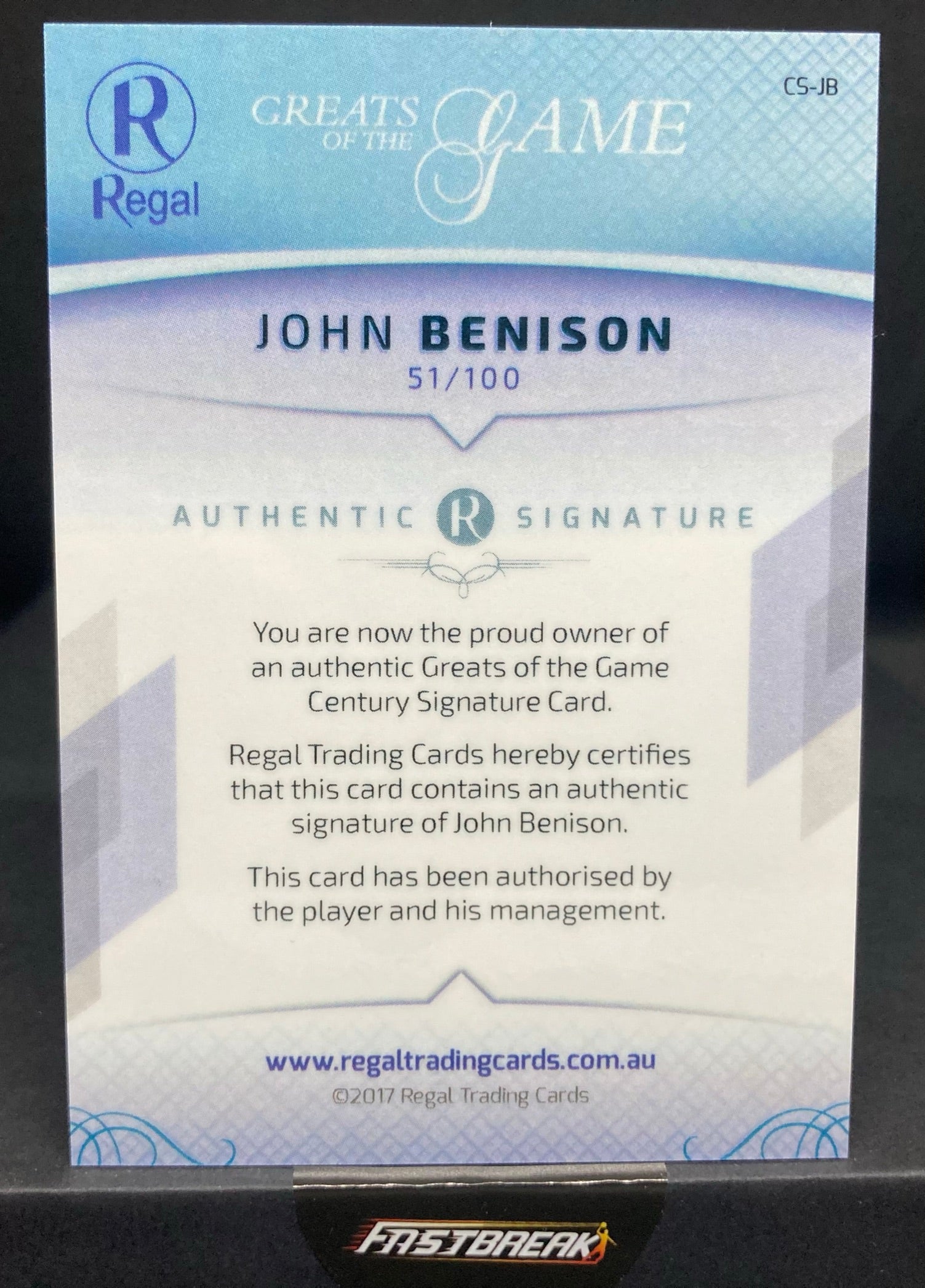 John Benison - Brisbane - 2017 - Greats Of The Game - Century Signature - 51/100