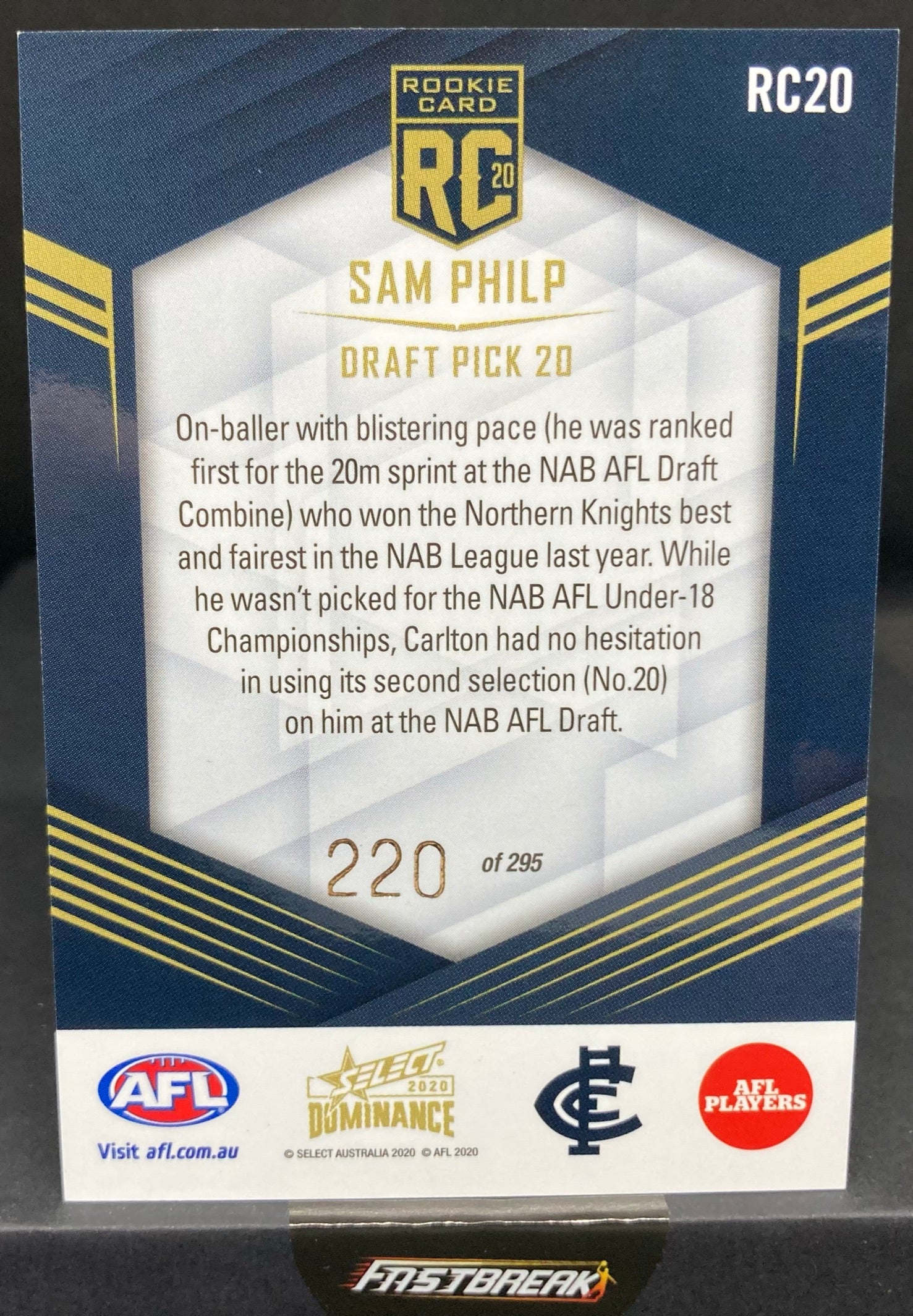 Sam Philip - Carlton - 2020 - Dominance - Rookie Card - 220/295