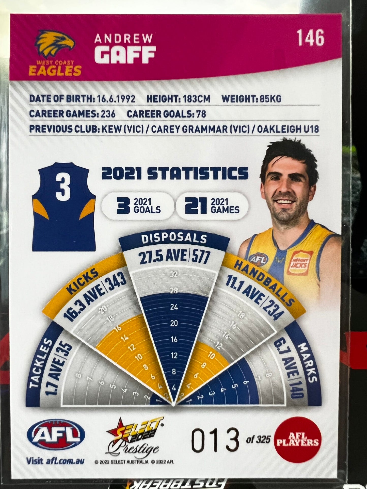Andrew Gaff - West Coast - 2022 - Footy Stars Prestige - Pink Parallel - 13/325